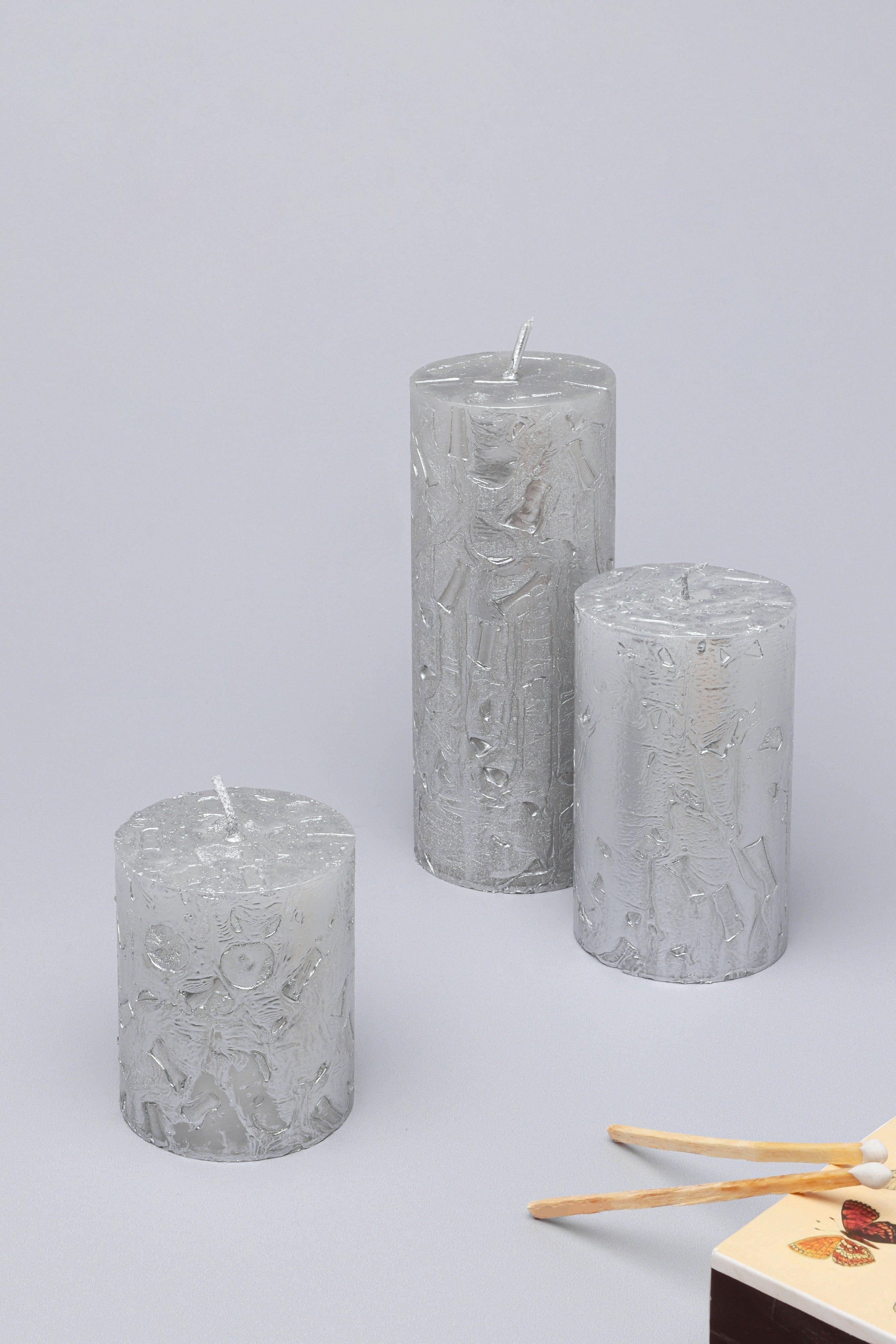 Adelle Silver Veil Signature Waxwork Pillar Candle in Frosted Metallic Grey - G Decor