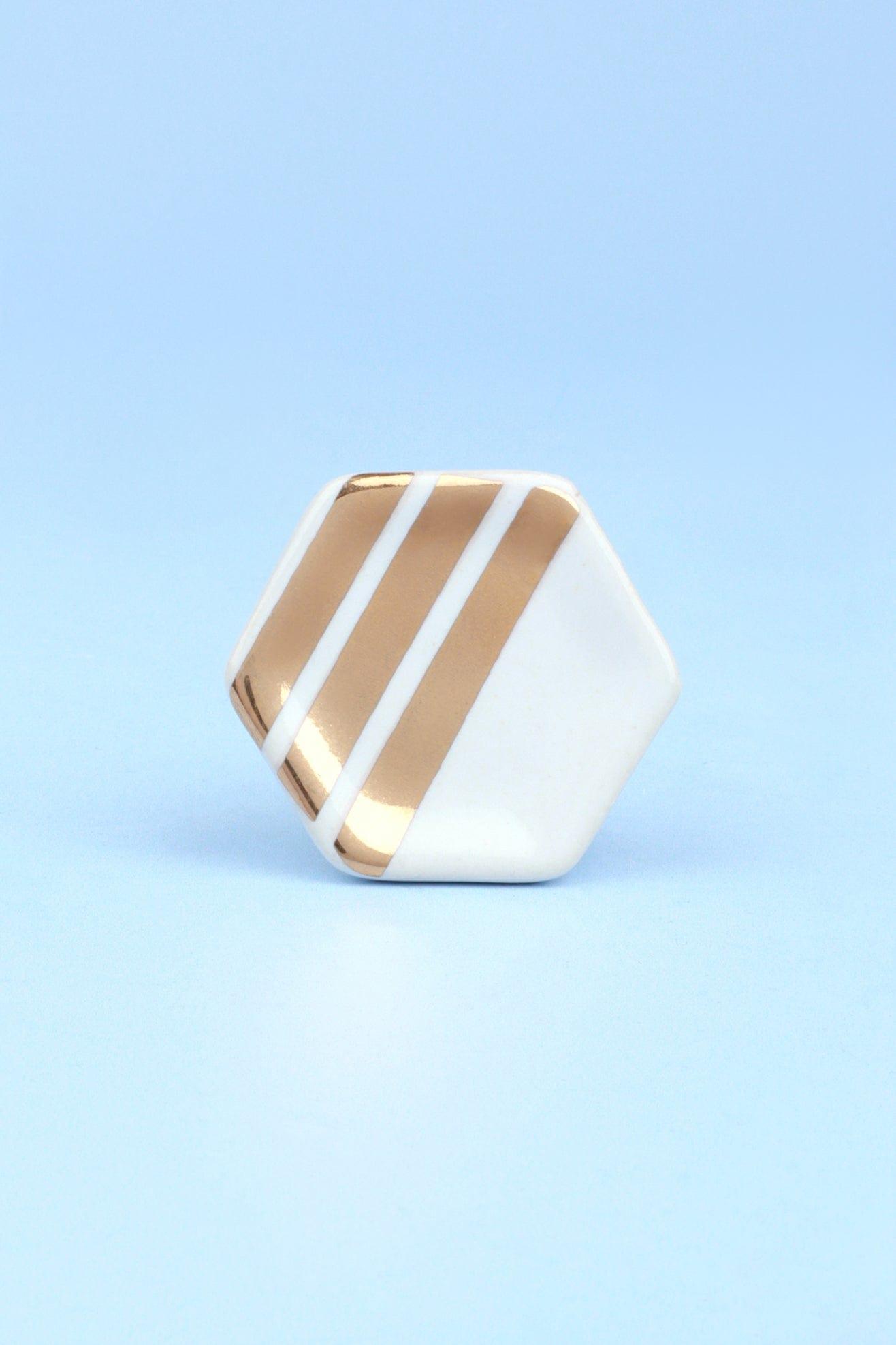 Alma Hive Golden Glow Ceramic Knob Hexagon & Striped Elegance - G Decor