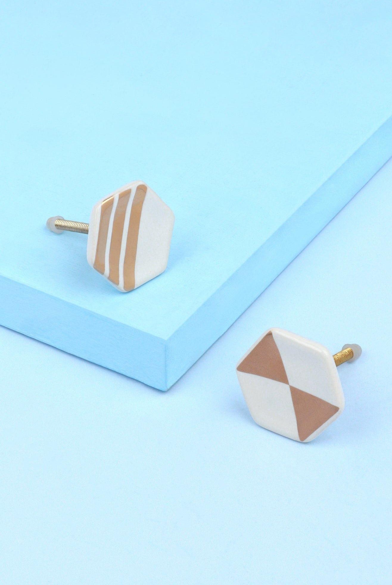 Alma Hive Golden Glow Ceramic Knob Hexagon & Striped Elegance - G Decor