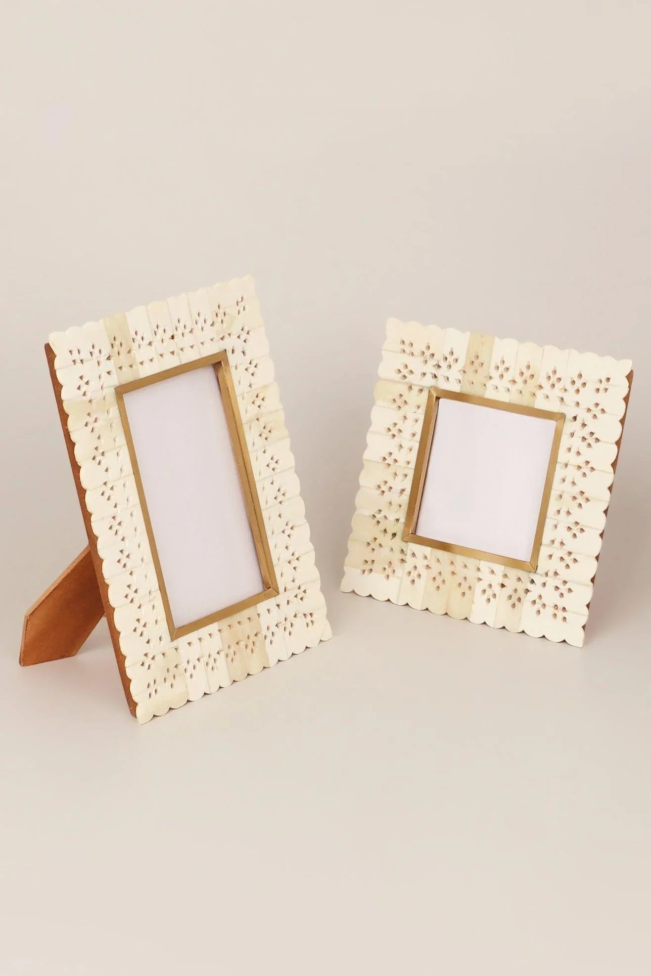 Carpathian Bone Inlay Photo Frame in Brass and Floral — close-up view, G Decor