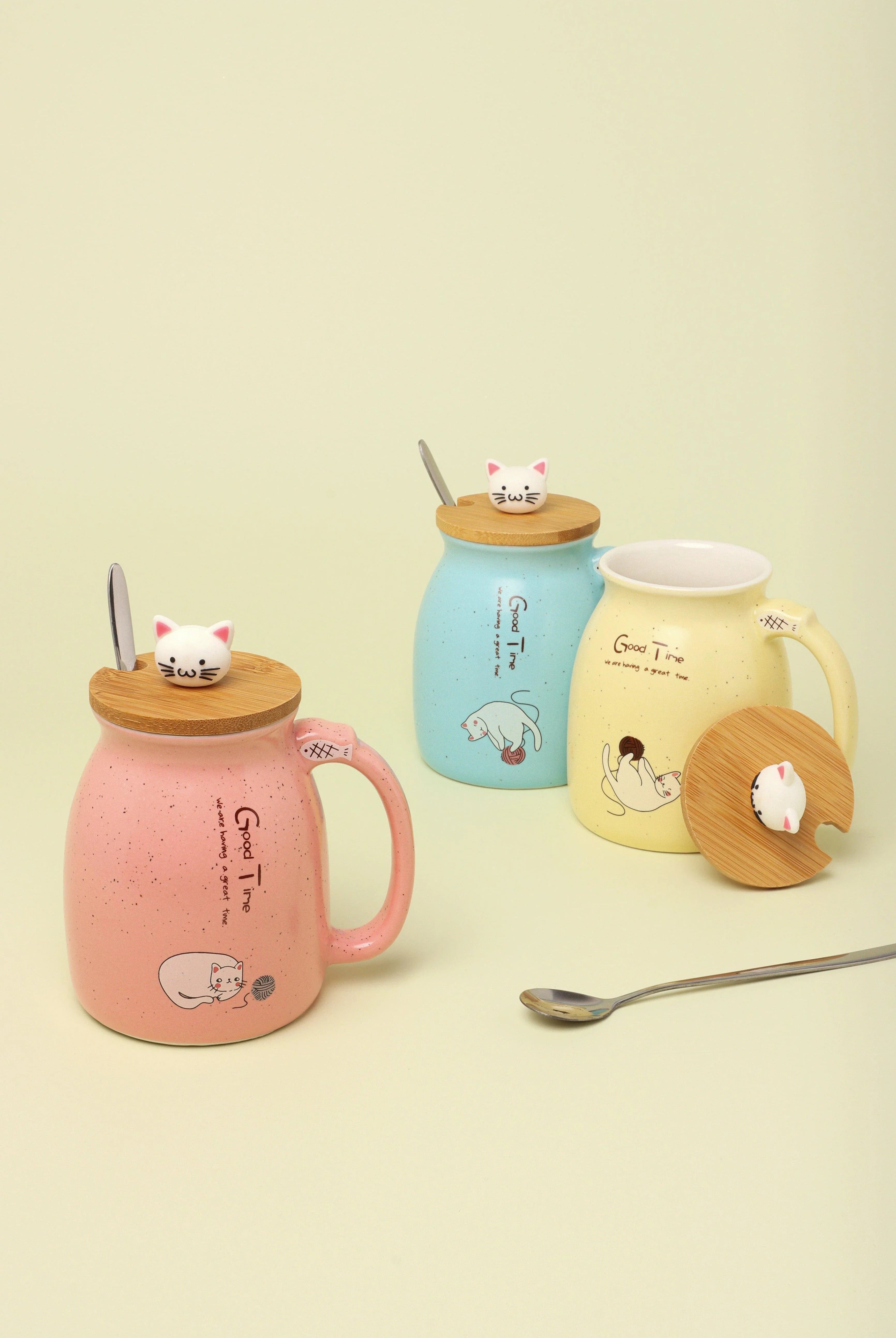 Cat Mugs Cute Ceramic Coffee Tea Cup With Lid And Spoon - G Decor