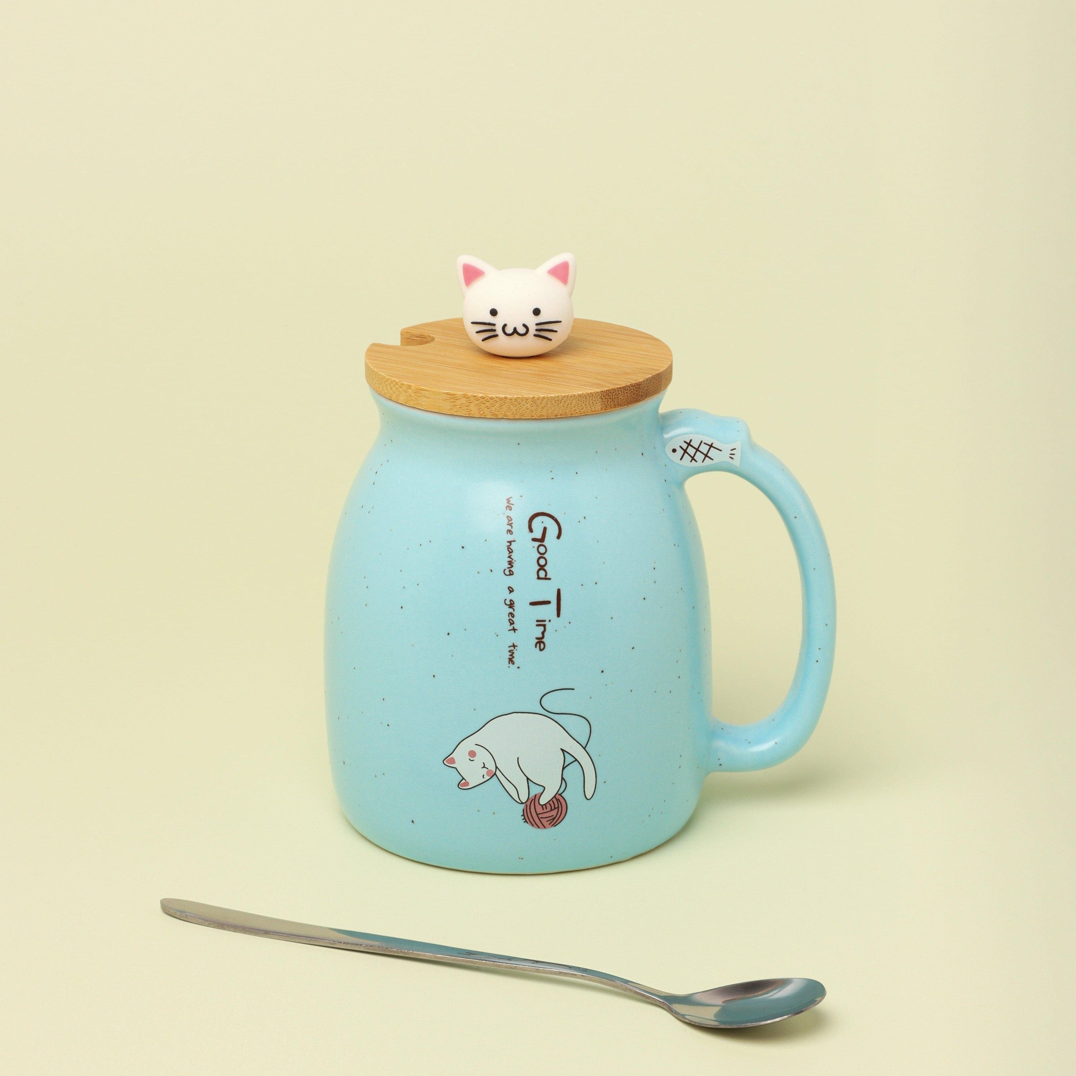 Cat Mugs Cute Ceramic Coffee Tea Cup With Lid And Spoon - G Decor