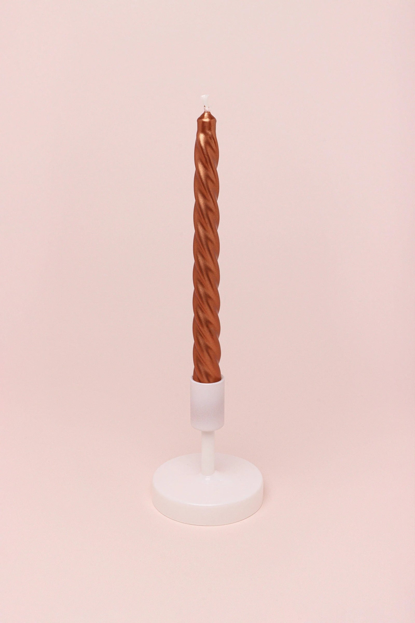 Coraline Terracina Copper Bronze Twisted Taper Candles — close-up view, G Decor