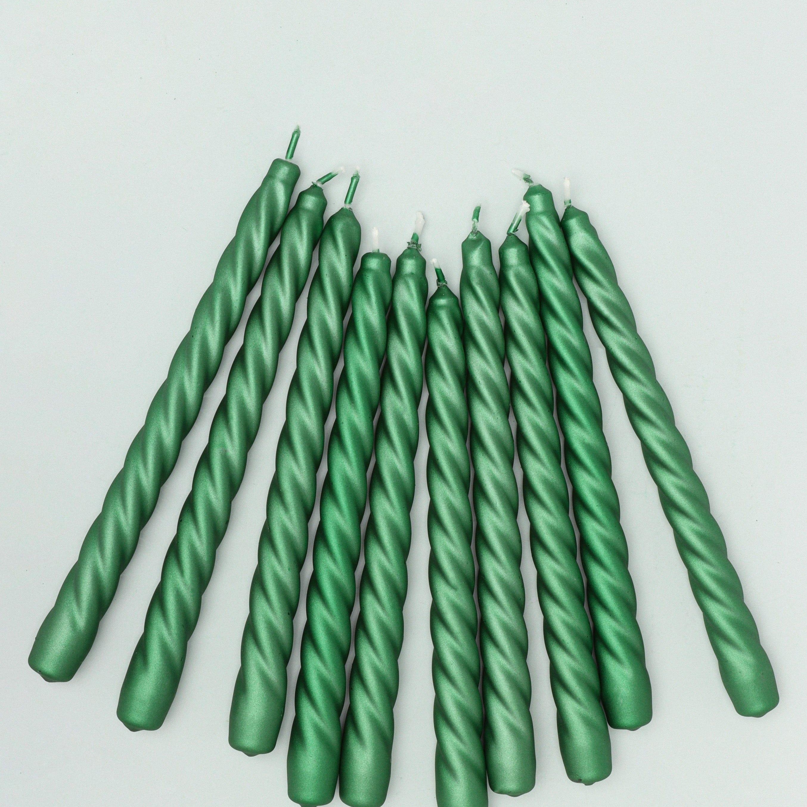 Coraline Verdéline Set of 2, 10 or 20 Forest Green Twisted Dinner & Taper Candles - G Decor