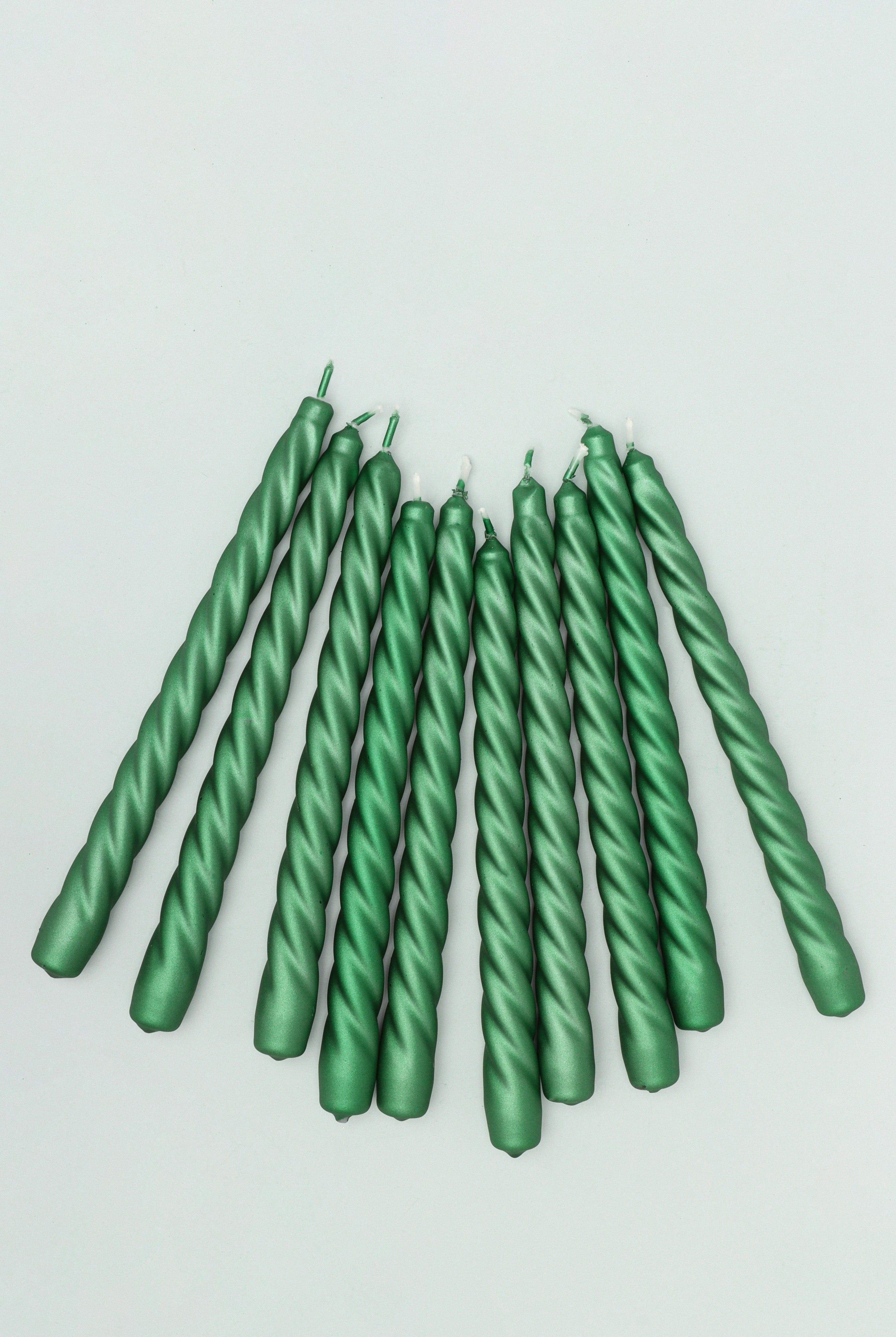 Coraline Verdéline Set of 2, 10 or 20 Forest Green Twisted Dinner & Taper Candles - G Decor