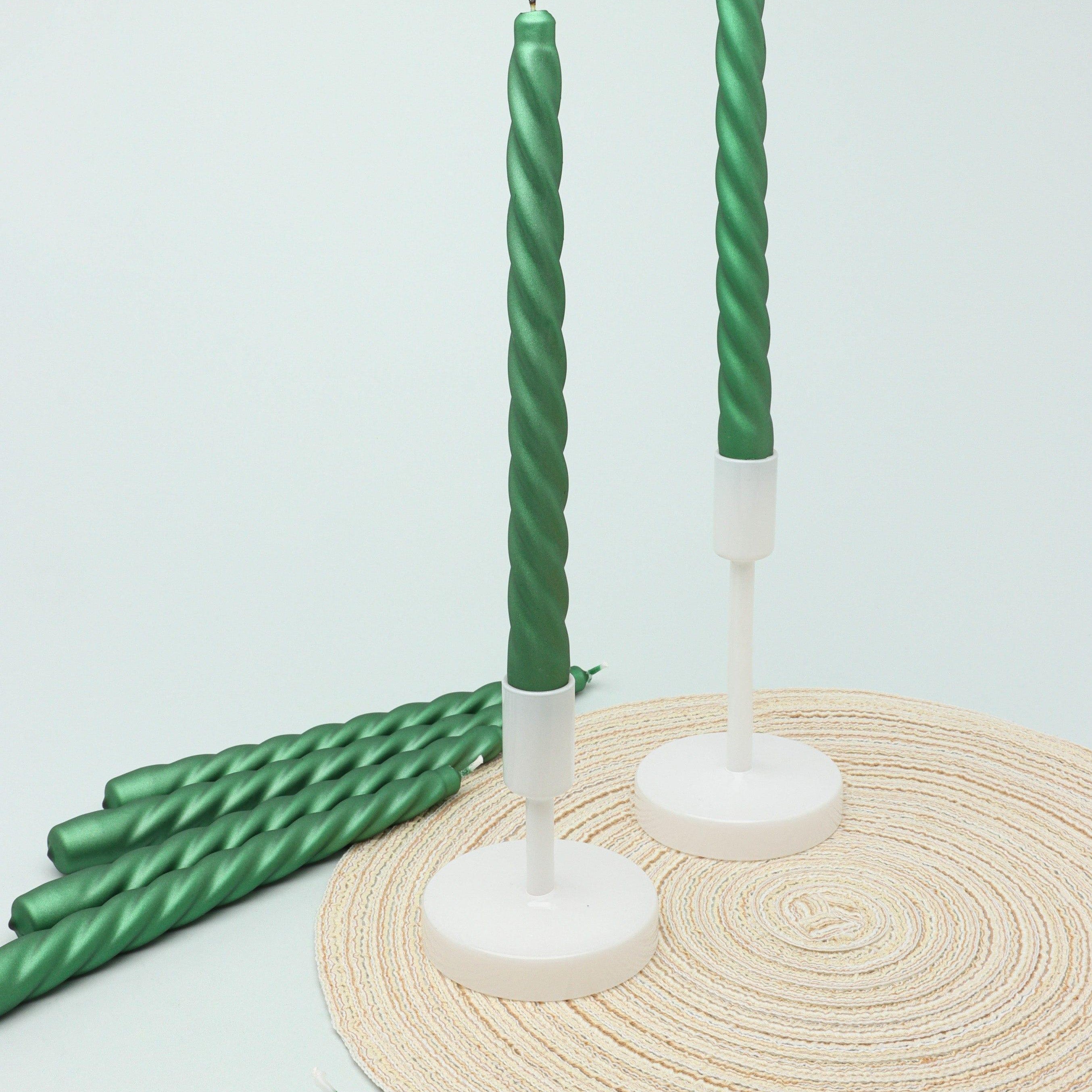 Coraline Verdéline Set of 2, 10 or 20 Forest Green Twisted Dinner & Taper Candles - G Decor