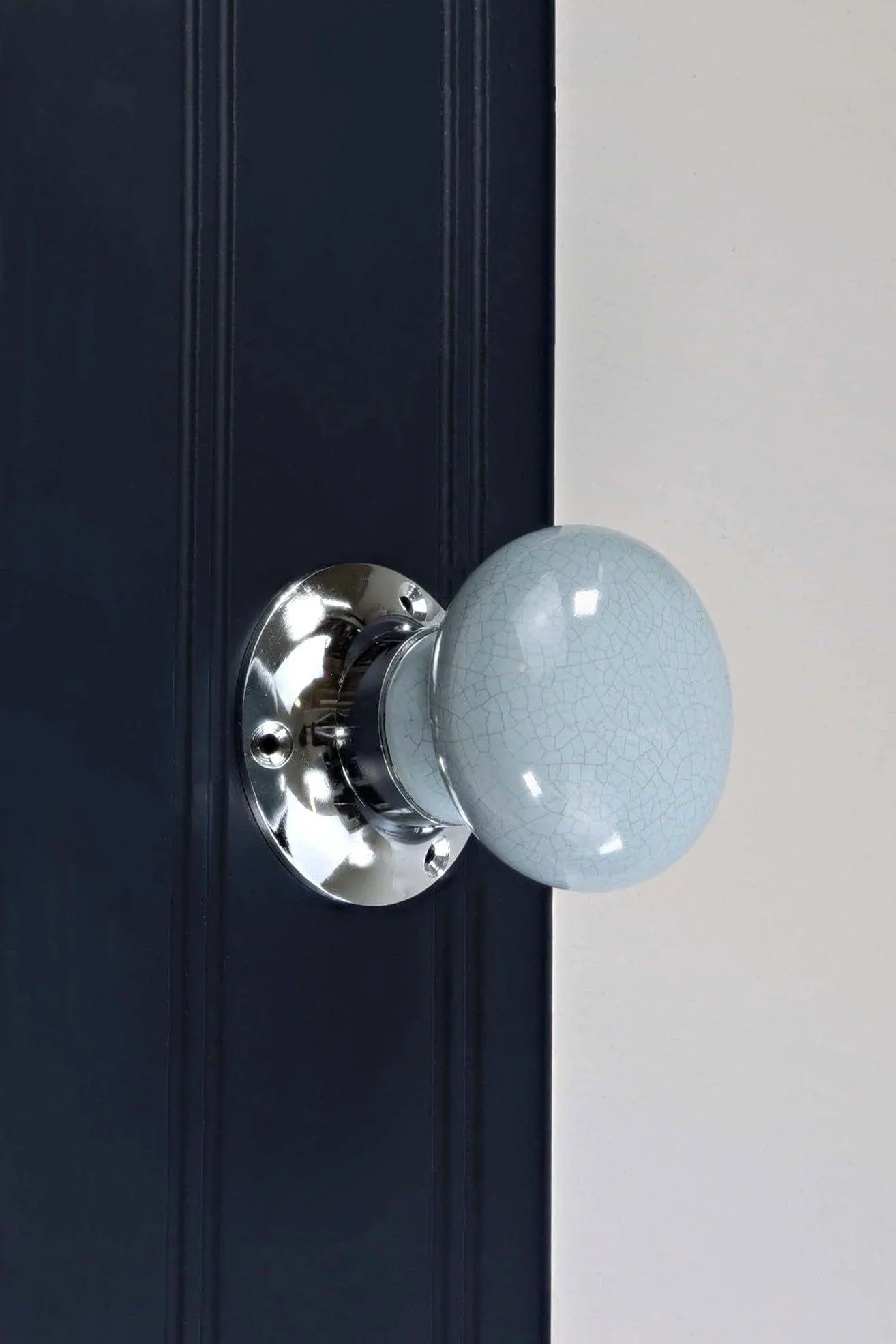 Crackle Glaze Soft Grey Ceramic Mortice Door Knobs with Chrome Base — alternate view, G Decor