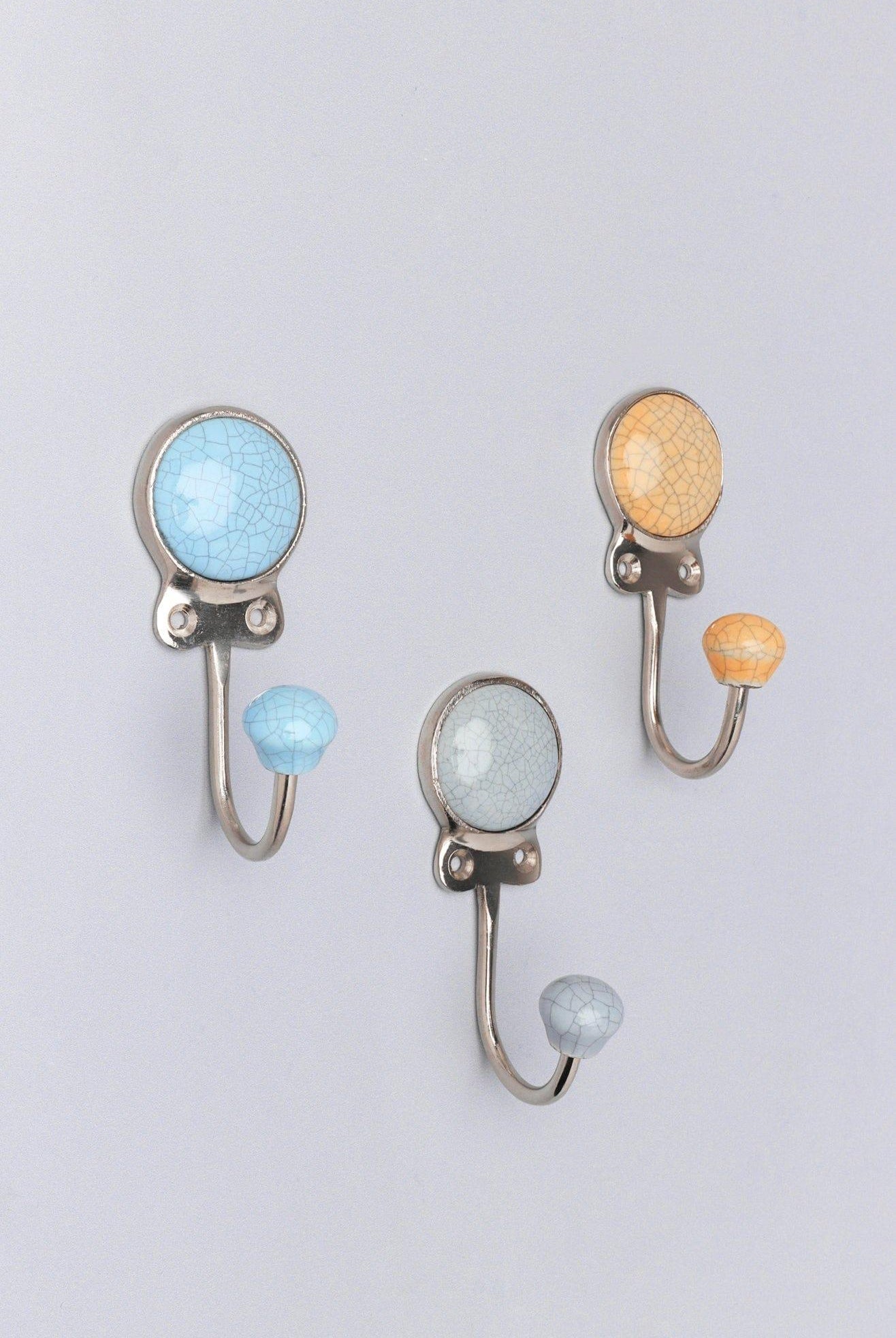 Crackle Glaze Handcrafted Wall Hook Craquelure Earth Tones Ceramic & Chrome Detail - G Decor