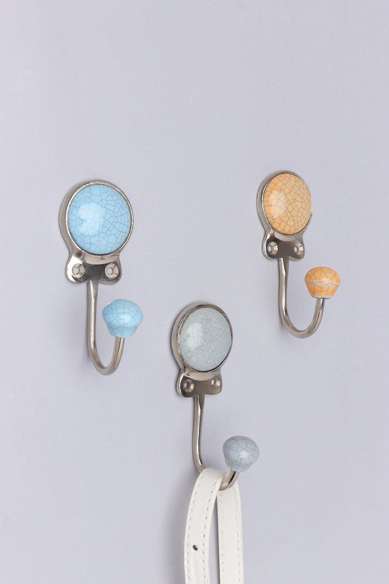 Crackle Glaze Handcrafted Wall Hook Craquelure Earth Tones Ceramic & Chrome Detail - G Decor