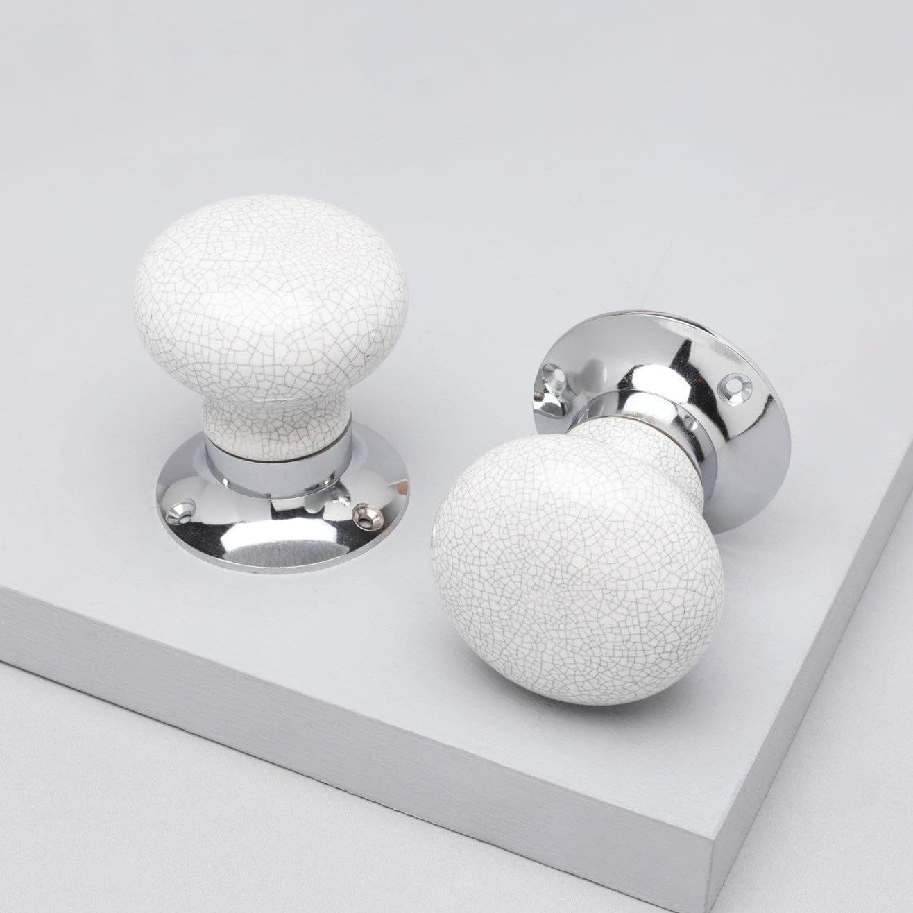 Crackle Glaze Handcrafted White Ceramic Mortice Door Handles Set – Internal Turning Knobs with Chrome Base for Bedroom & Interior Doors - G Decor