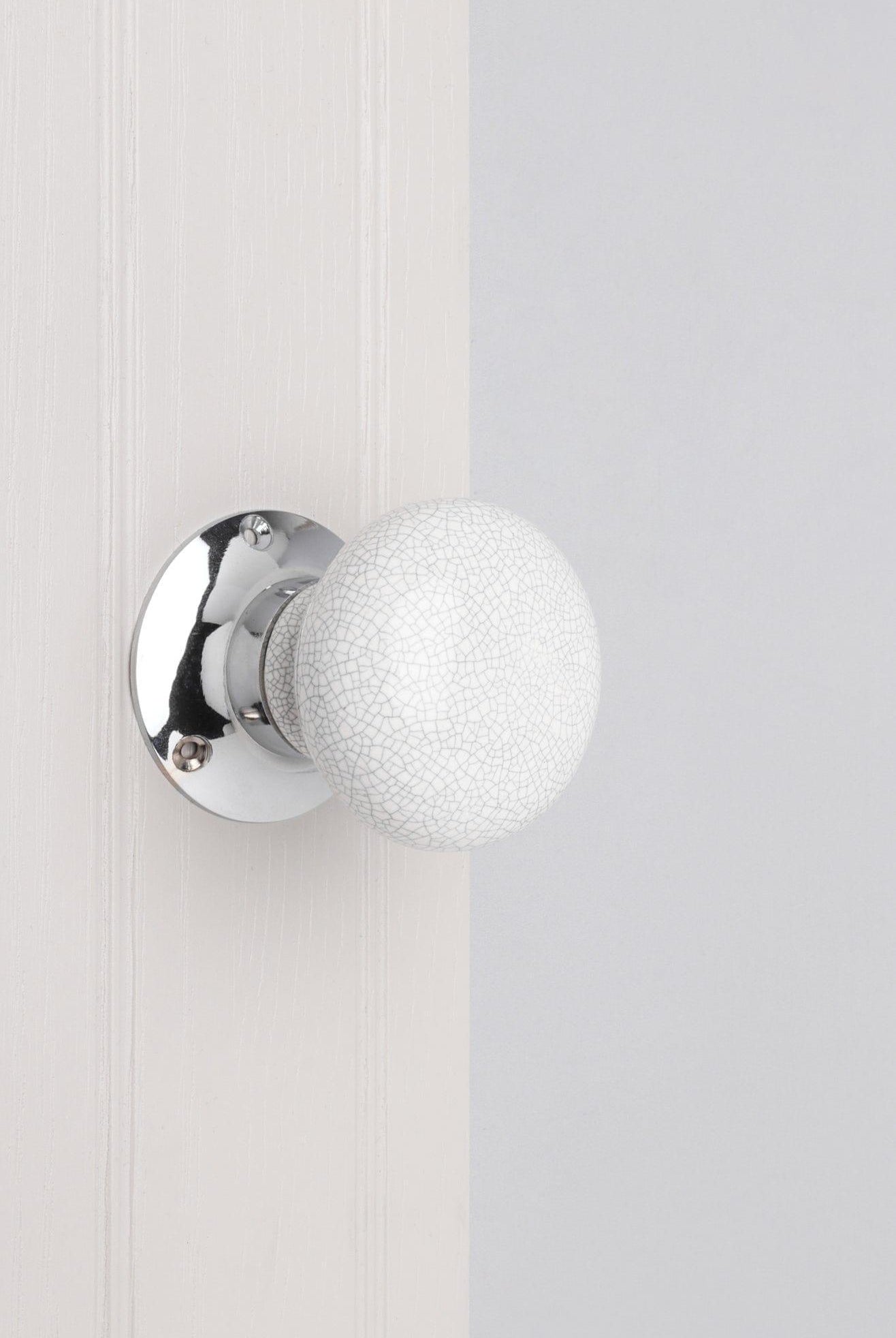 Crackle Glaze Handcrafted White Ceramic Mortice Door Handles Set – Internal Turning Knobs with Chrome Base for Bedroom & Interior Doors - G Decor