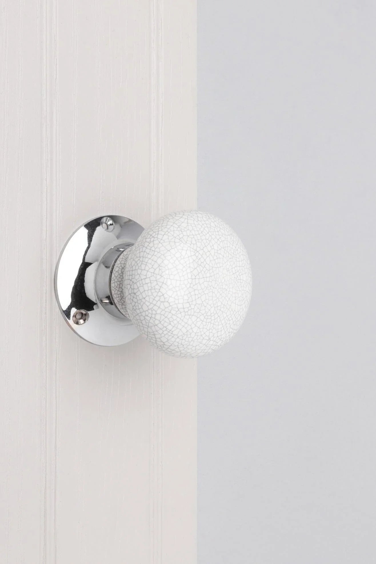 Crackle Glaze White Ceramic Mortice Door Knobs with Chrome Base — alternate view, G Decor
