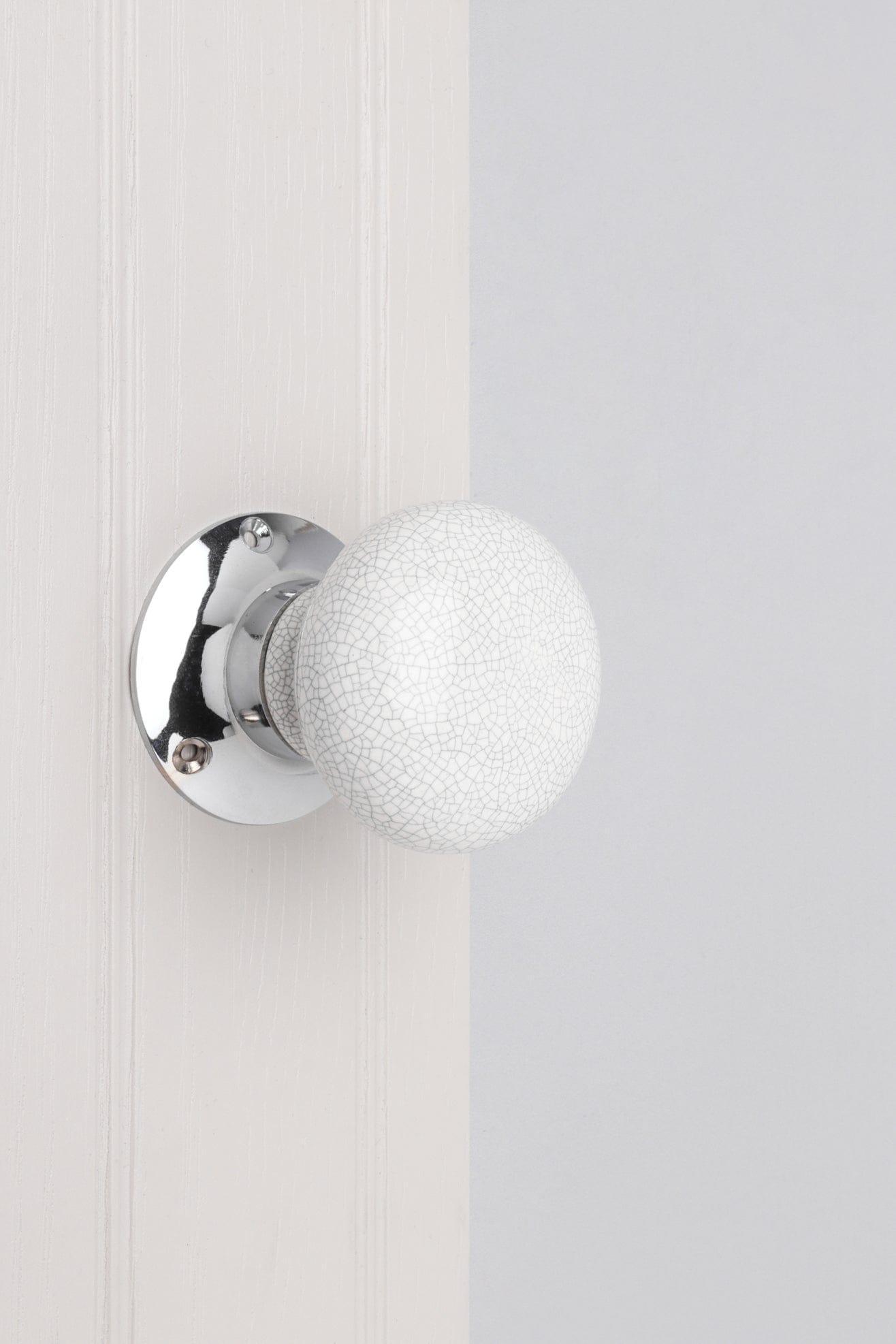 Crackle Glaze Handcrafted White Ceramic Mortice Door Handles Set – Internal Turning Knobs with Chrome Base for Bedroom & Interior Doors - G Decor
