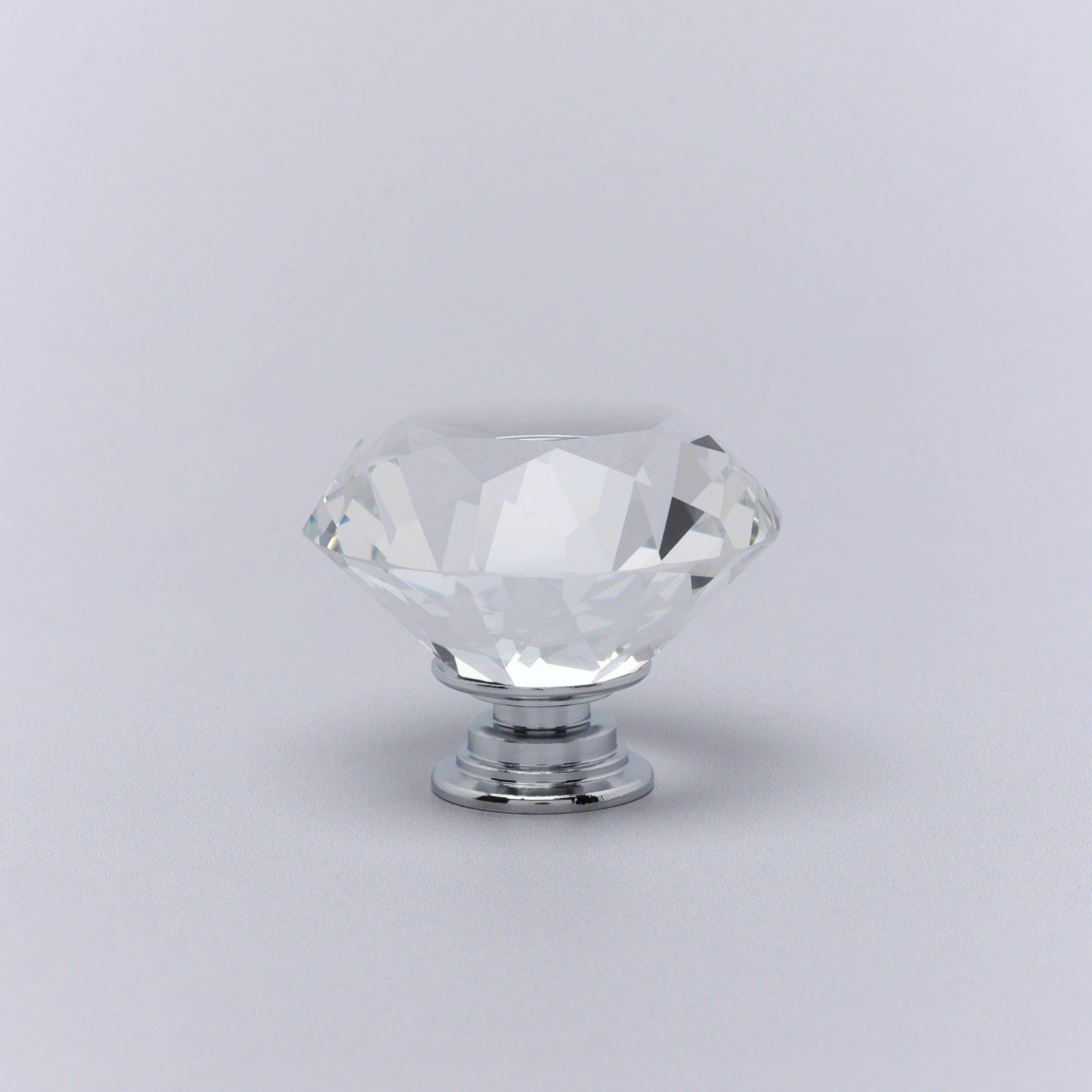 Diamond-Cut Crystal Glass Cupboard Knob With a Chrome Base - G Decor