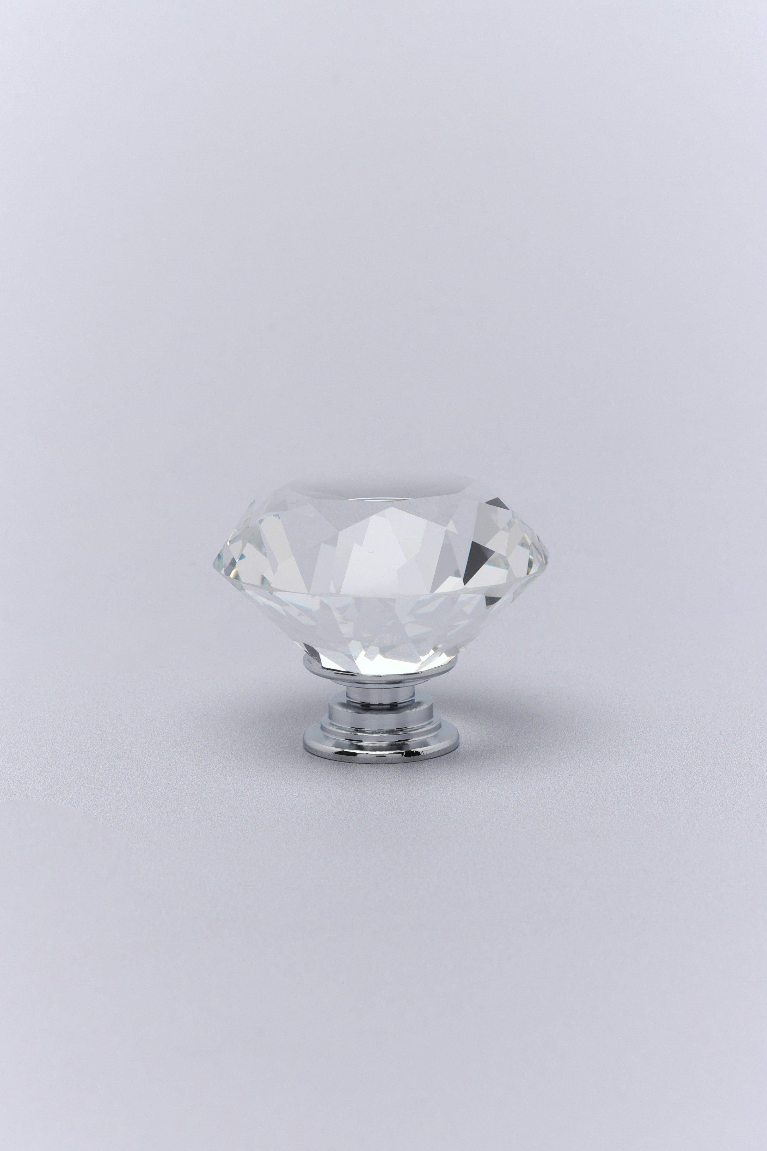 Diamond-Cut Crystal Glass Cupboard Knob With a Chrome Base - G Decor