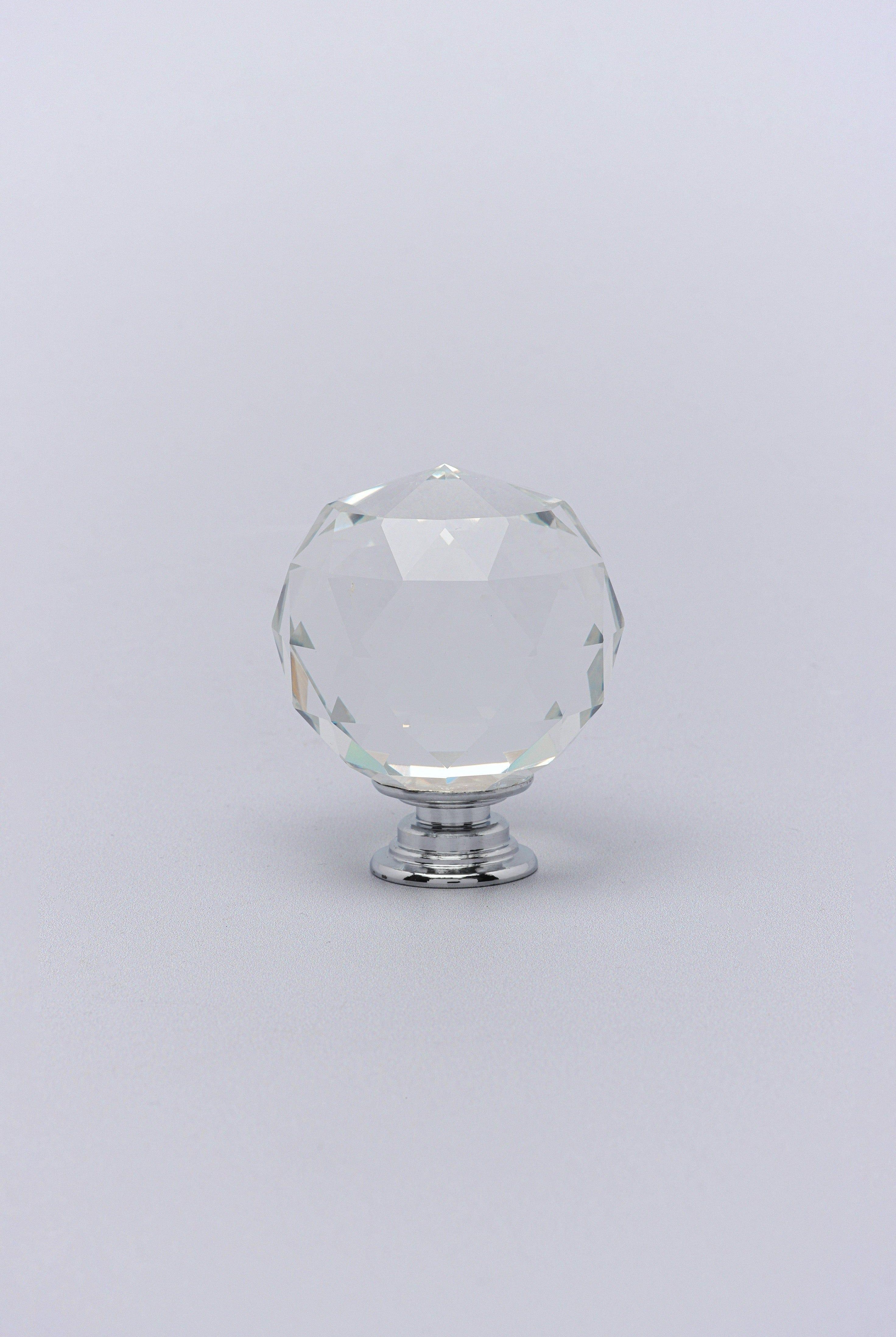 Diamond-Cut Crystal Glass Cupboard Knob With a Chrome Base - G Decor