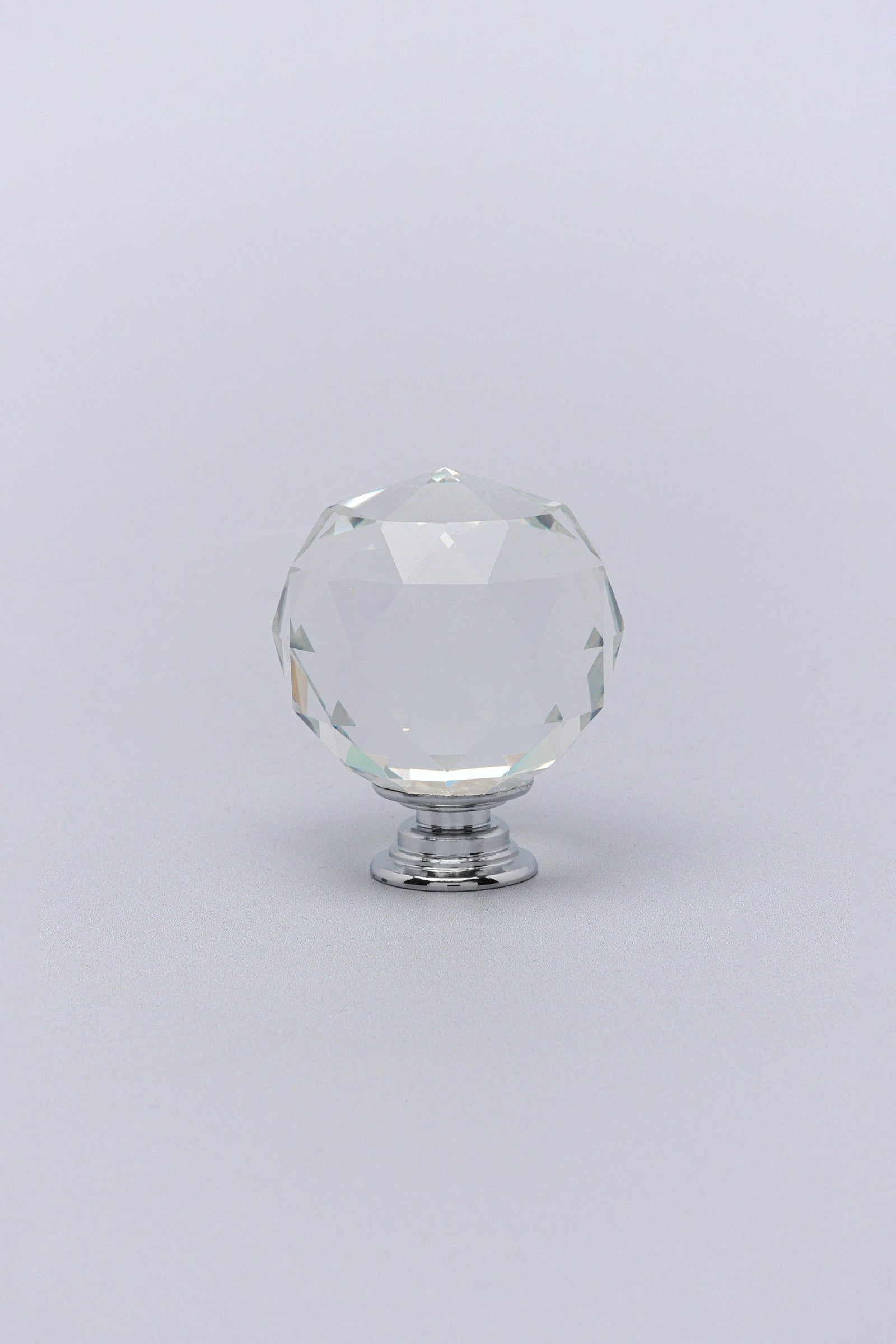 Diamond-Cut Crystal Glass Cabinet Knob with Chrome Base — close-up view, G Decor