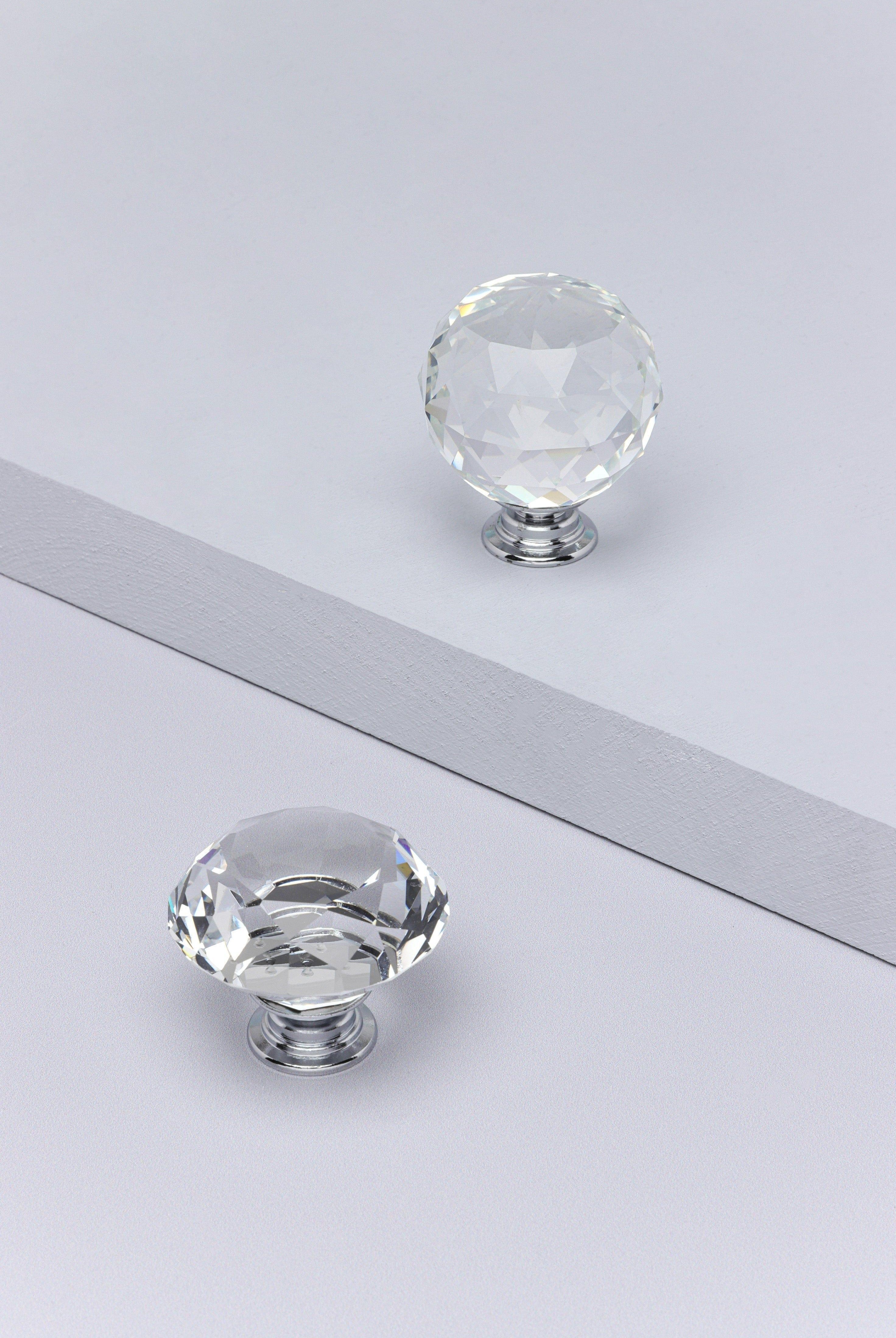 Diamond-Cut Crystal Glass Cupboard Knob With a Chrome Base - G Decor