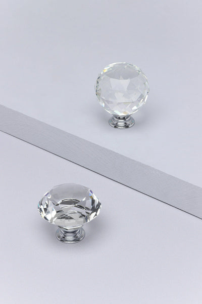 Diamond-Cut Crystal Glass Cabinet Knob with Chrome Base