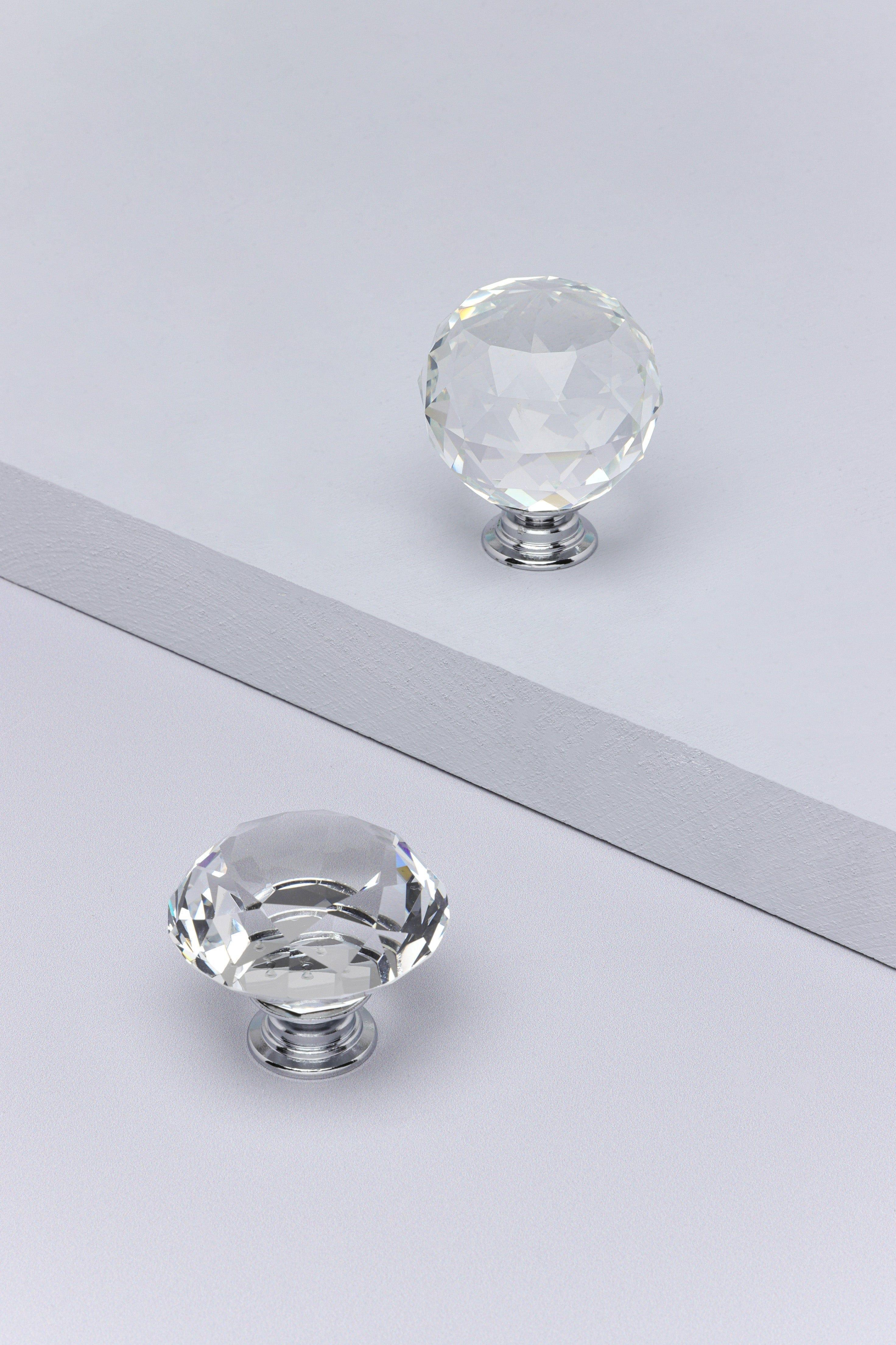 Diamond-Cut Crystal Glass Cupboard Knob With a Chrome Base - G Decor