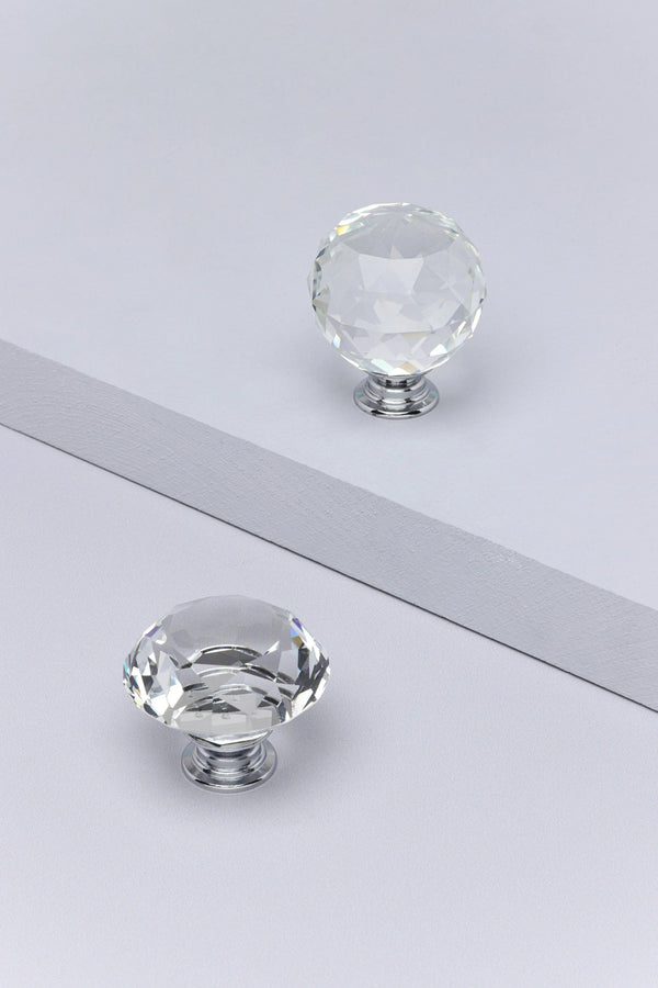 Diamond-Cut Crystal Glass Cabinet Knob with Chrome Base