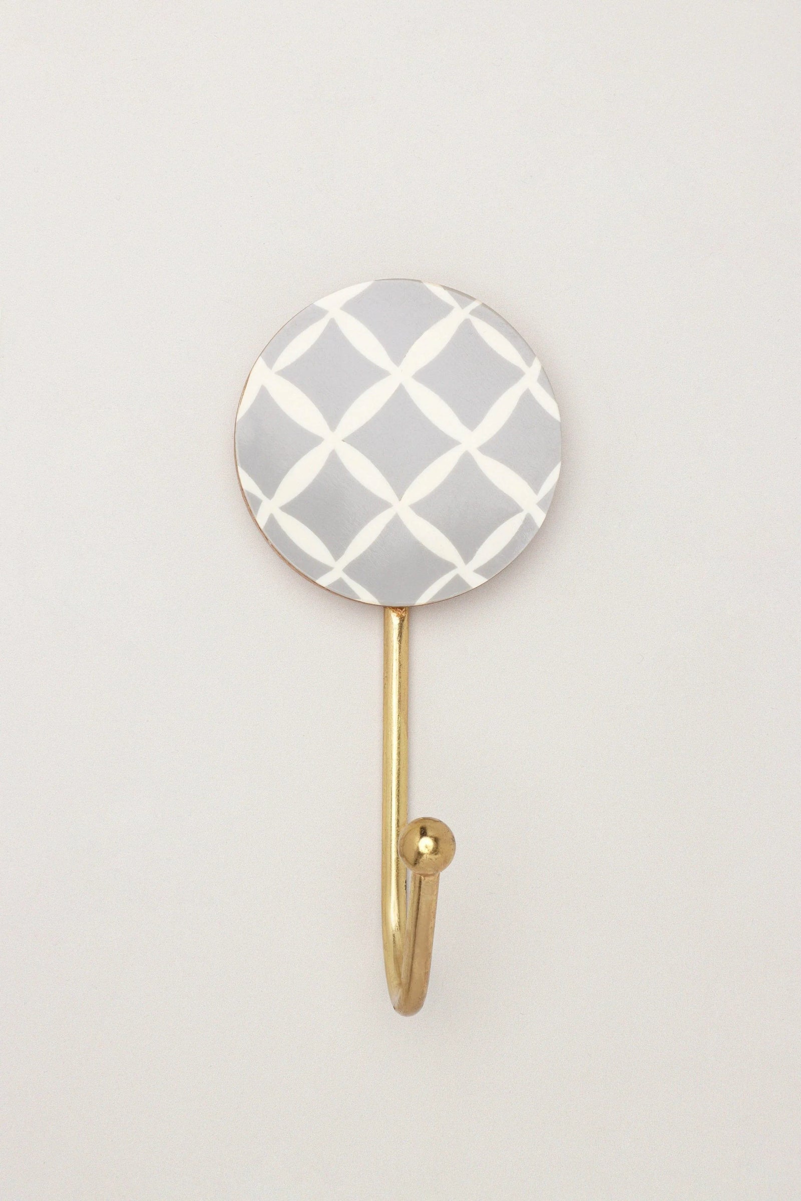 Dizzy Mosaic Grid Pattern Wood and Brass Wall Coat Hooks — close-up view, G Decor