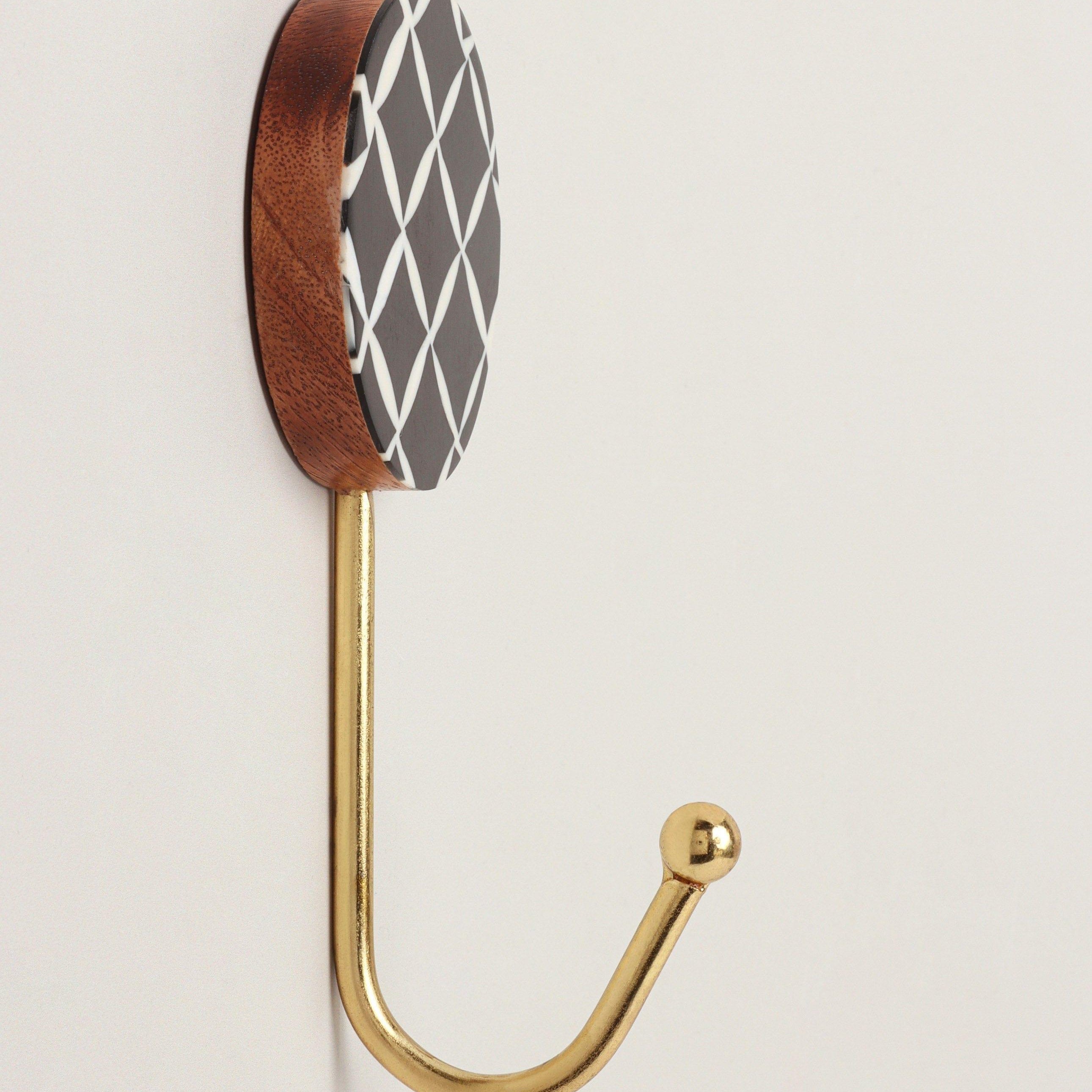 Dizzy Mosaic Grid Pattern Delights Wall Hooks Large Wood, Resin & Brass Coat Hangers - G Decor