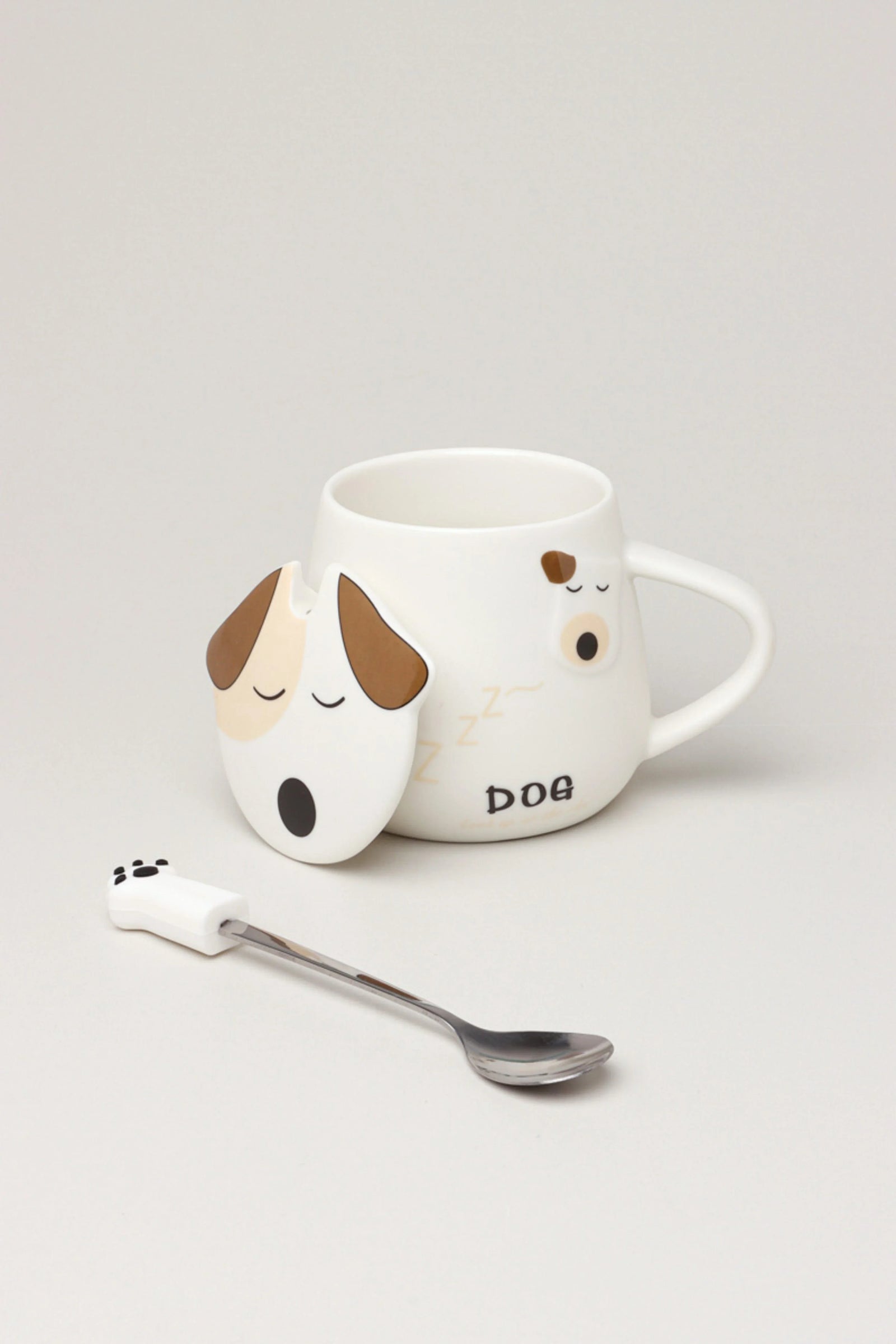 Cute Dog Ceramic Coffee Mug with Lid and Spoon — close-up view, G Decor