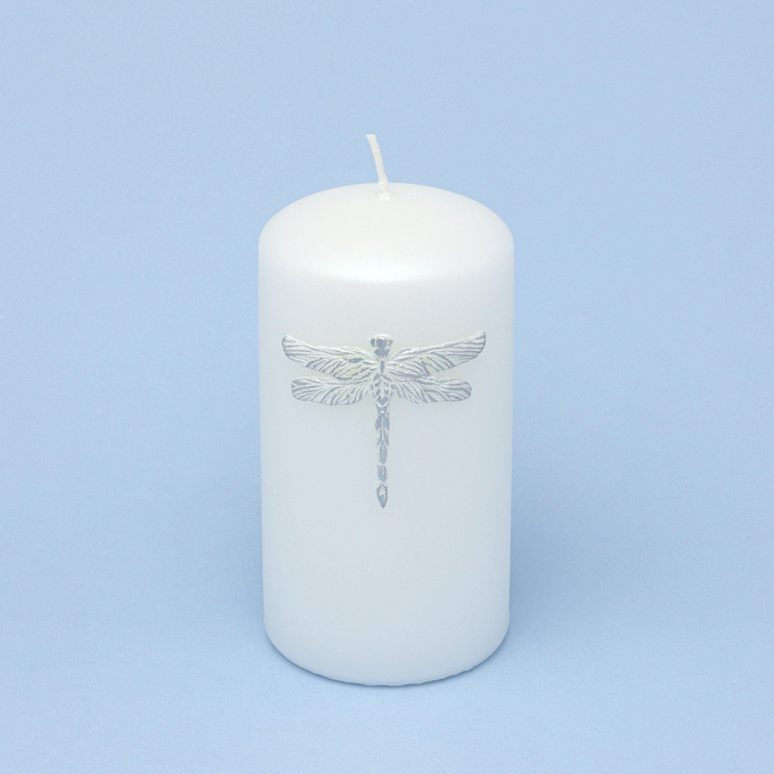 Dragonfly Queen White Pillar Candle Elegant Display with Silver Emblem - G Decor