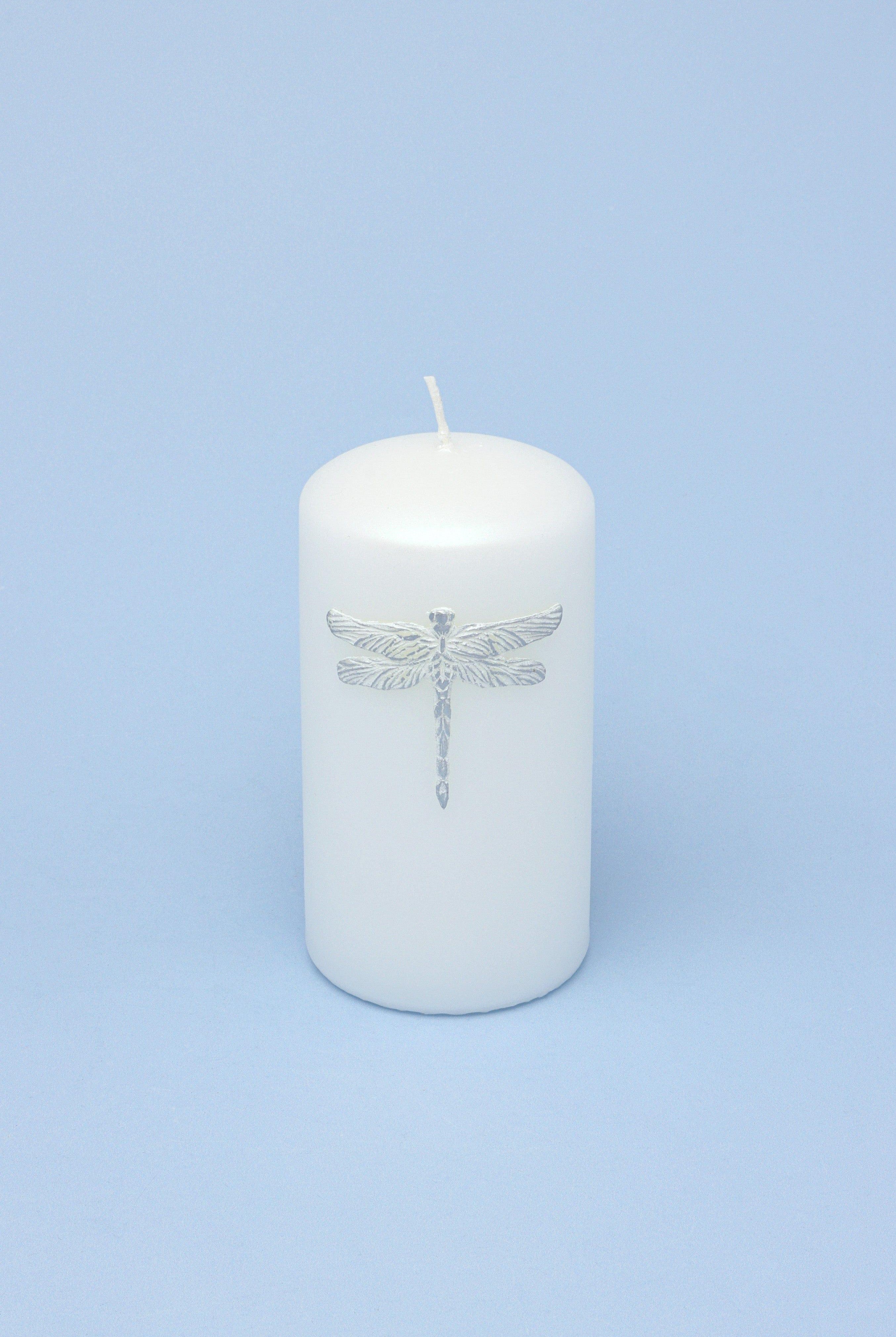 Dragonfly Queen White Pillar Candle Elegant Display with Silver Emblem - G Decor