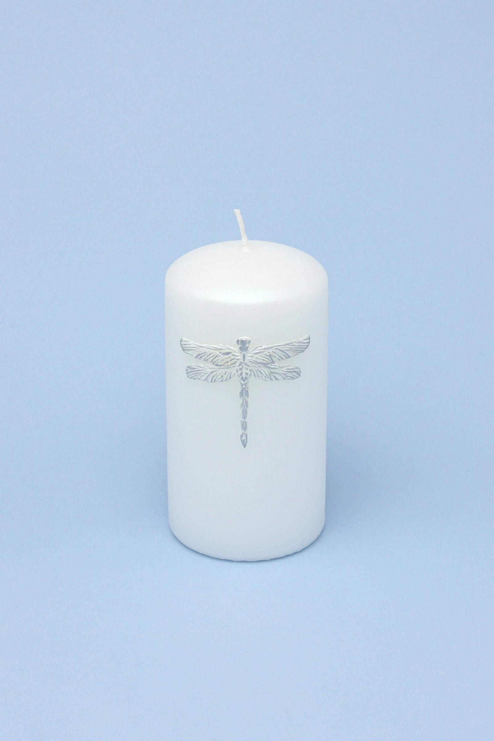 Dragonfly Queen White Pillar Candle with Silver Emblem — alternate view, G Decor