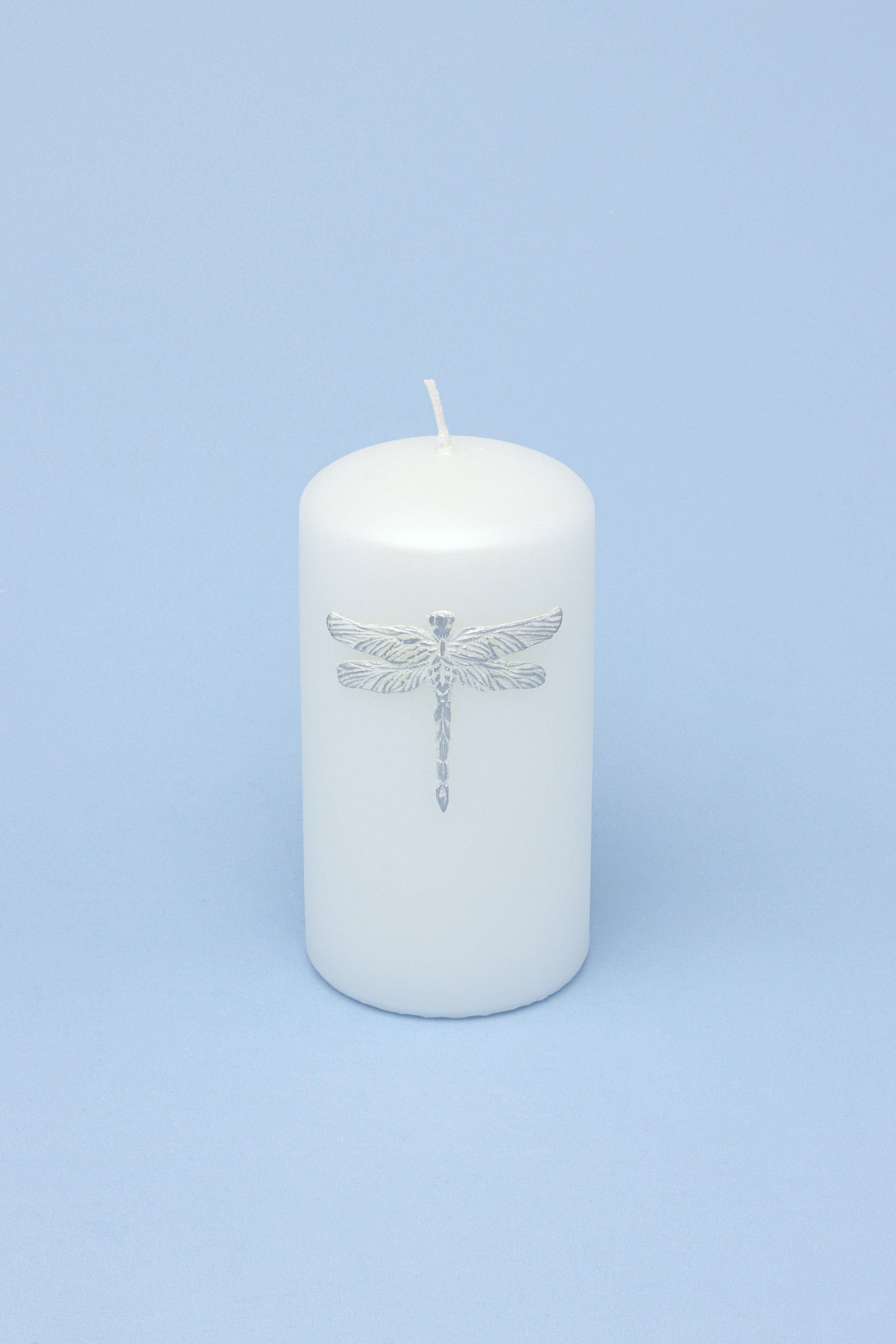 Dragonfly Queen White Pillar Candle Elegant Display with Silver Emblem - G Decor