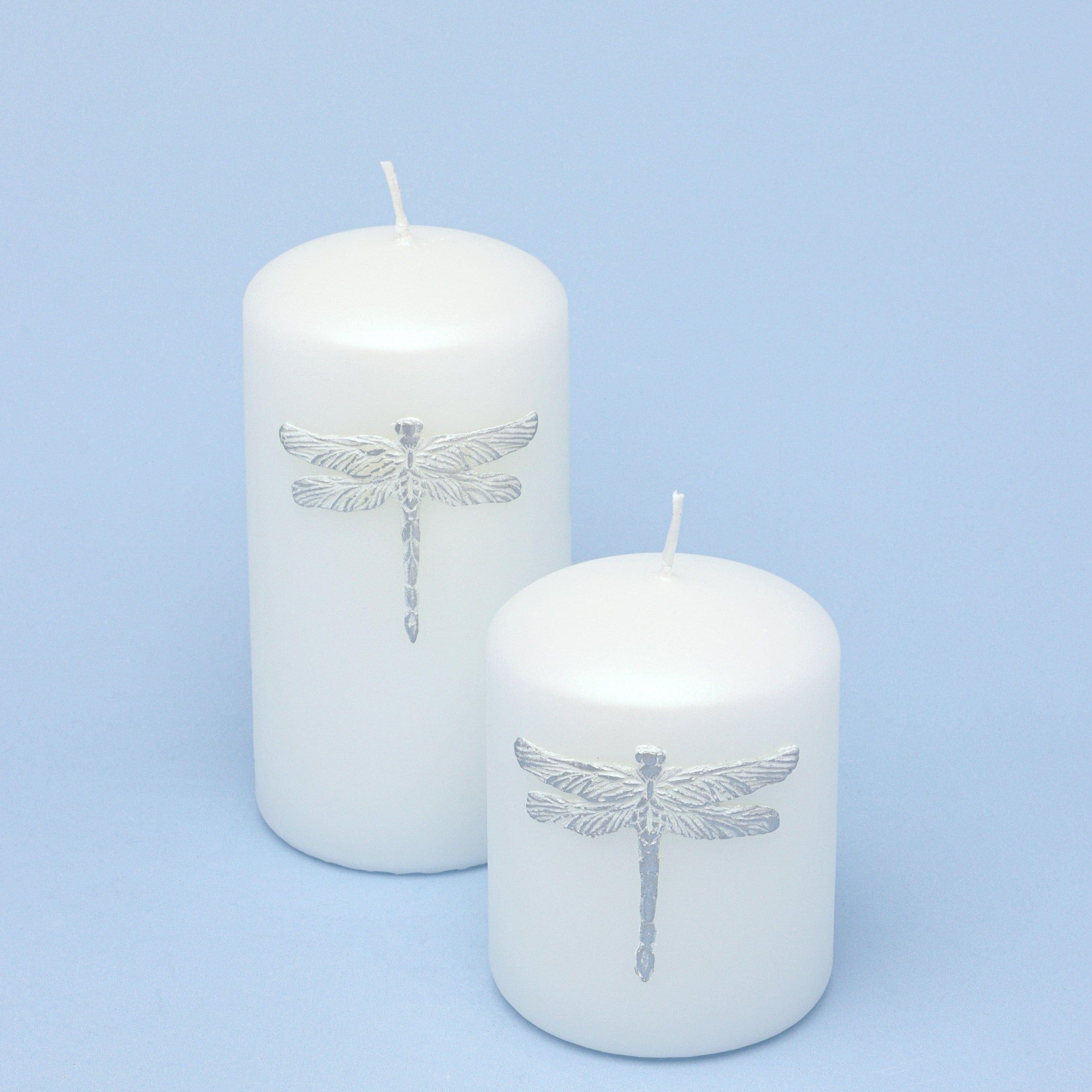Dragonfly Queen White Pillar Candle Elegant Display with Silver Emblem - G Decor