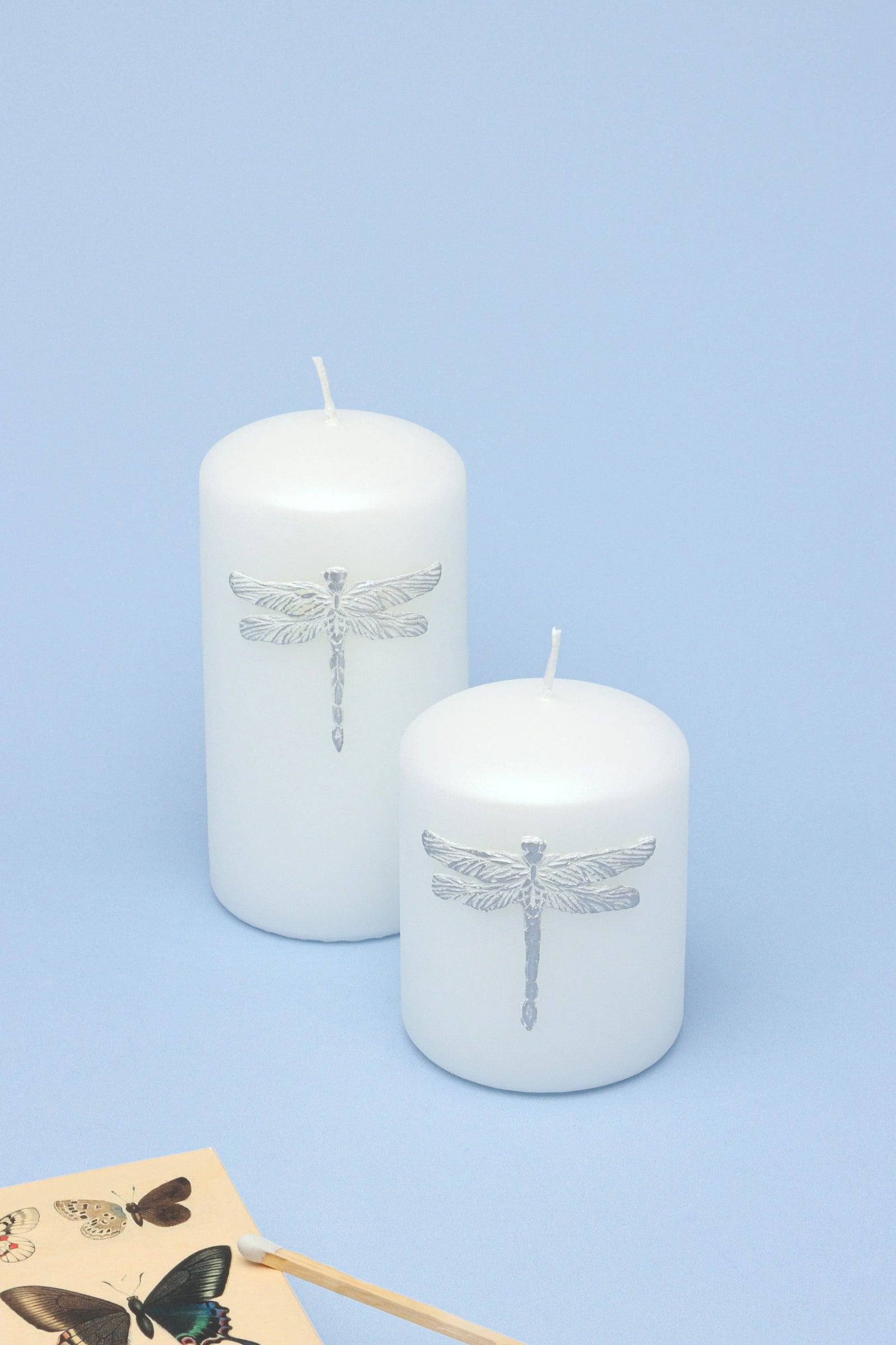 Dragonfly Queen White Pillar Candle with Silver Emblem — G Decor
