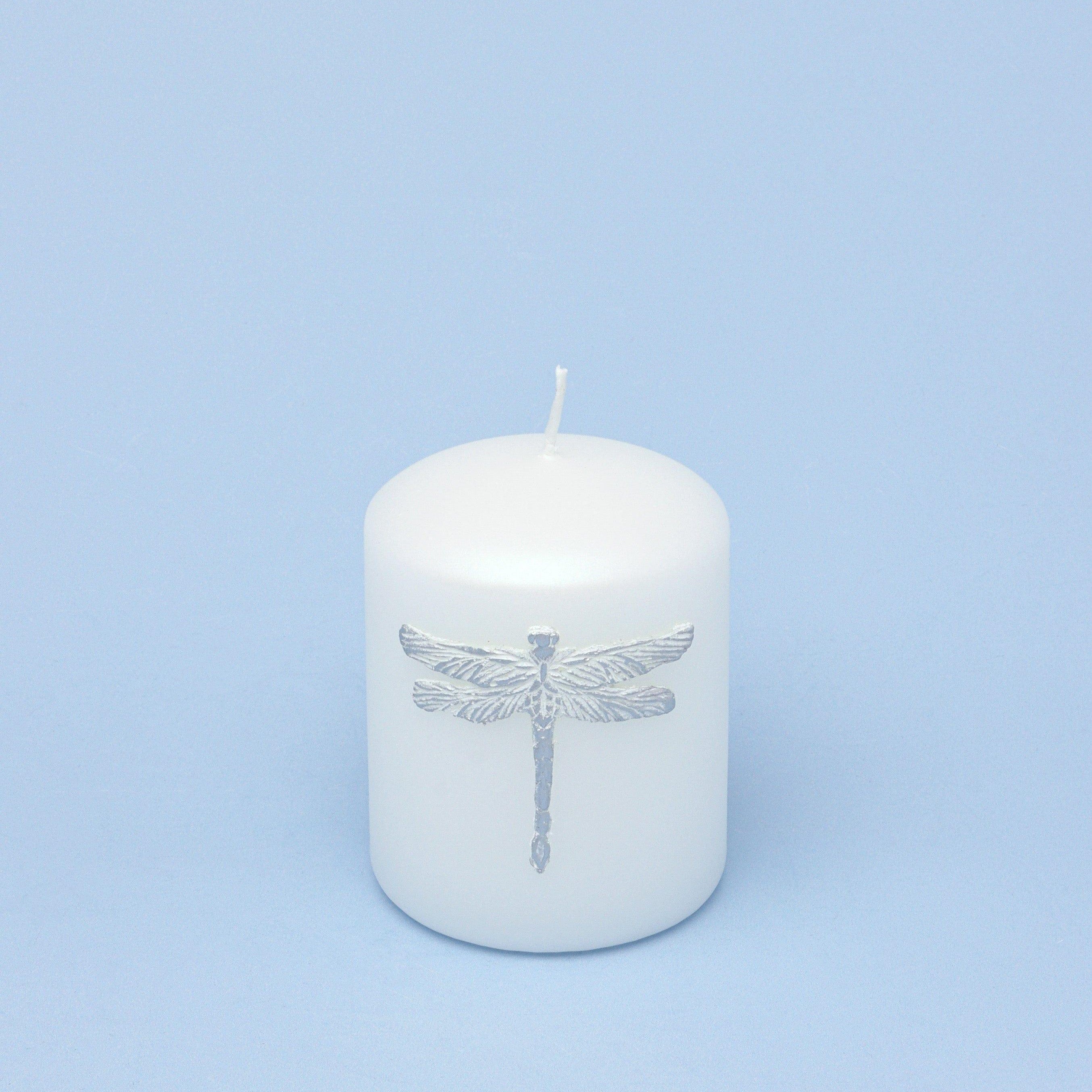Dragonfly Queen White Pillar Candle Elegant Display with Silver Emblem - G Decor