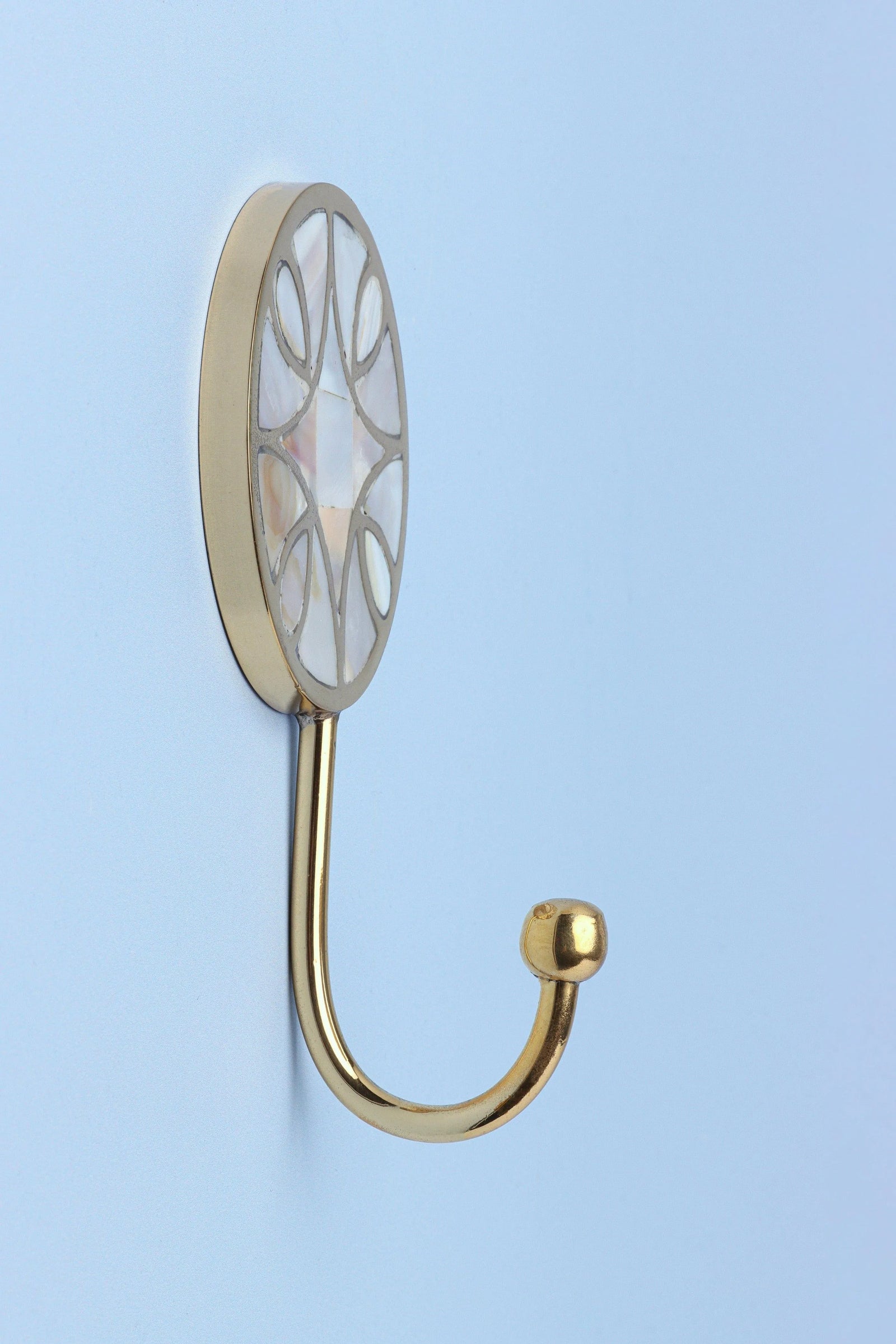 Elizabeth Mother of Pearl Wall Hook in Petal Inlay with Brass — close-up view, G Decor