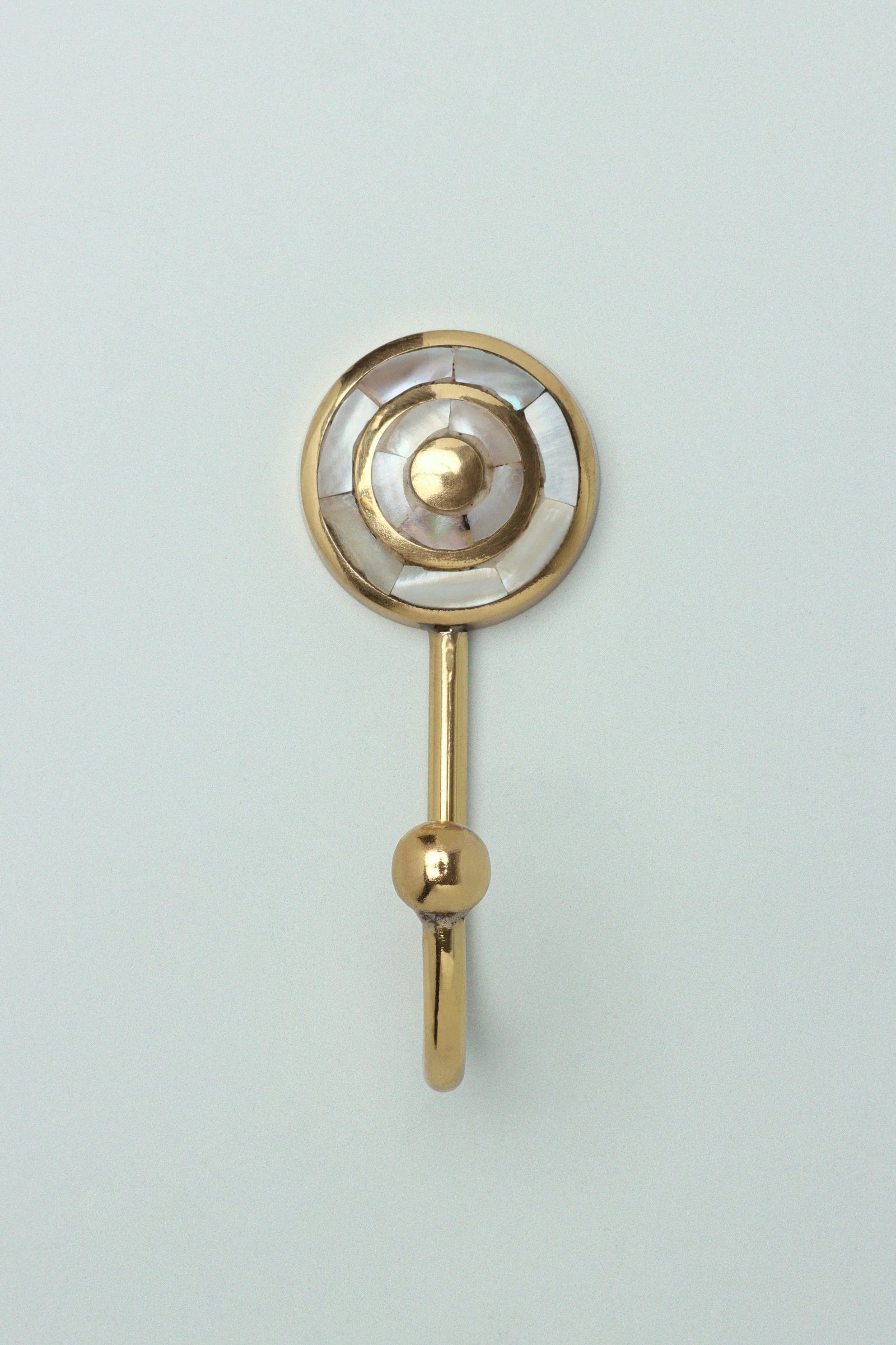Elizabeth Mother of Pearl Wall Hook in Polished Brass — close-up view, G Decor