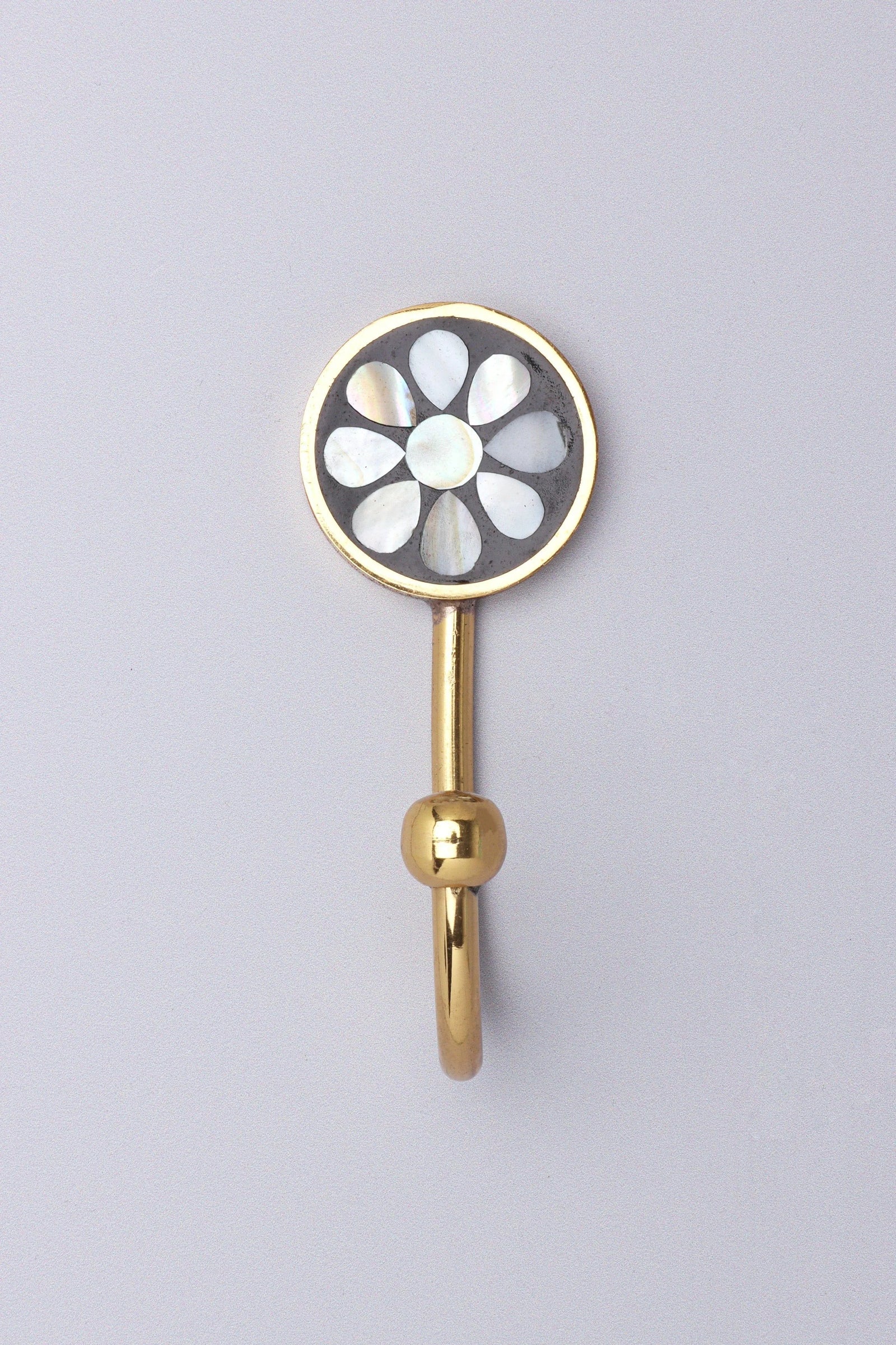 Étoile Bloom Mother of Pearl Wall Hook in Black and Gold with Brass — close-up view, G Decor