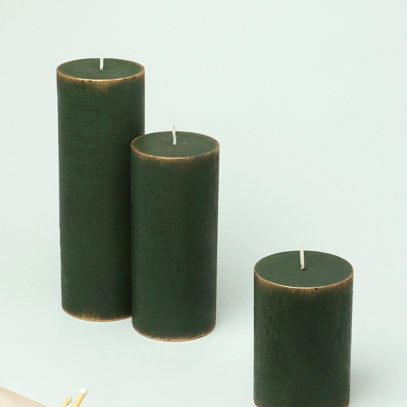 Fern Green & Gold Antique-Style Hand-Finished Pillar Candles - G Decor