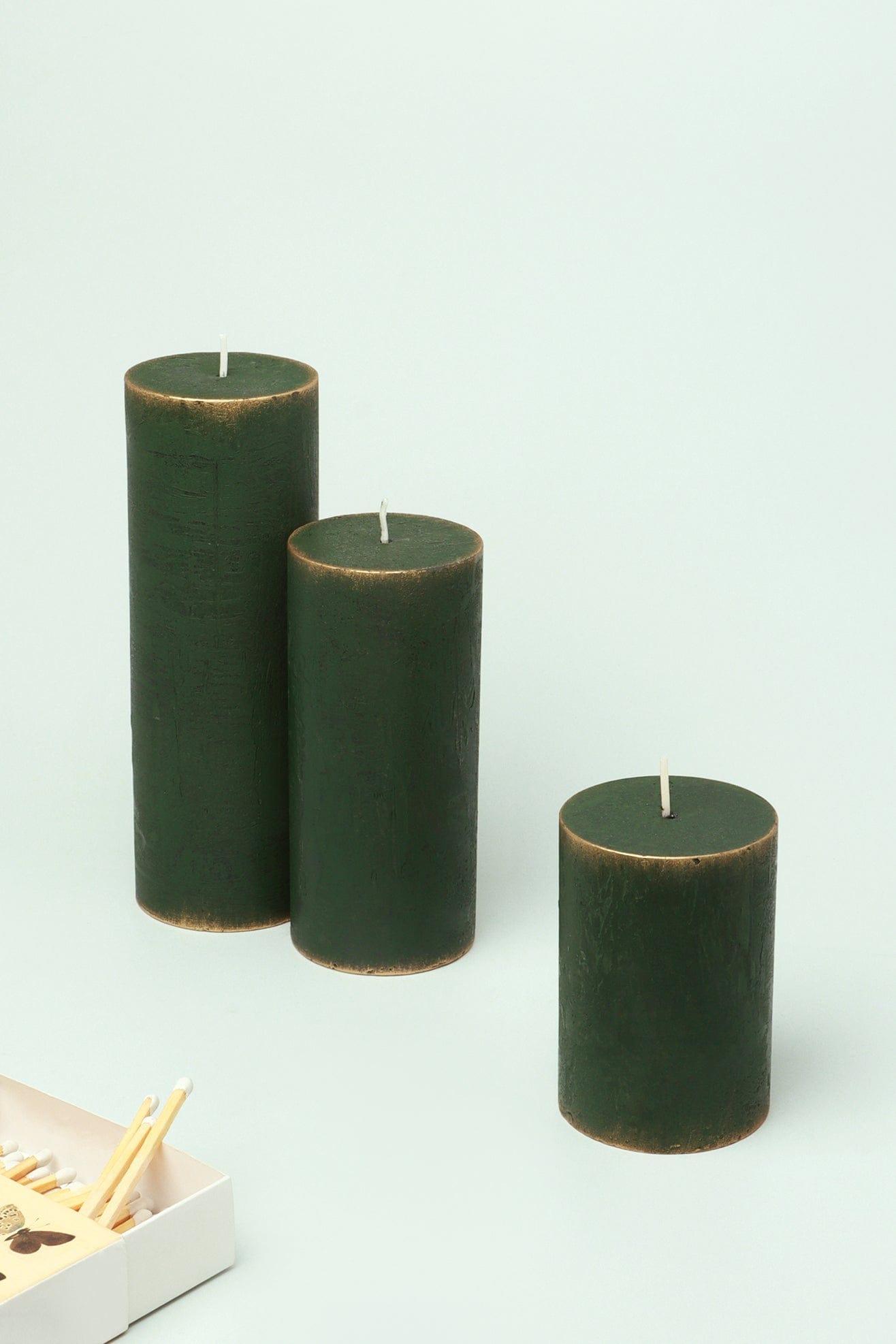Fern Green & Gold Antique-Style Hand-Finished Pillar Candles - G Decor