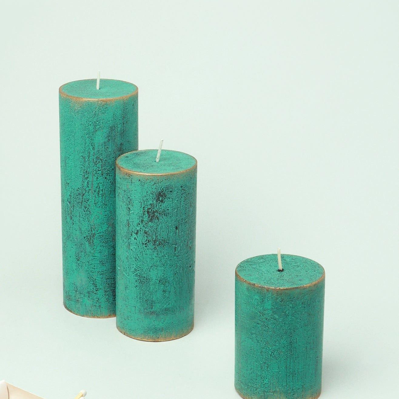 Fern Verdigris Green Antique-Style Hand-Finished Pillar Candle - G Decor