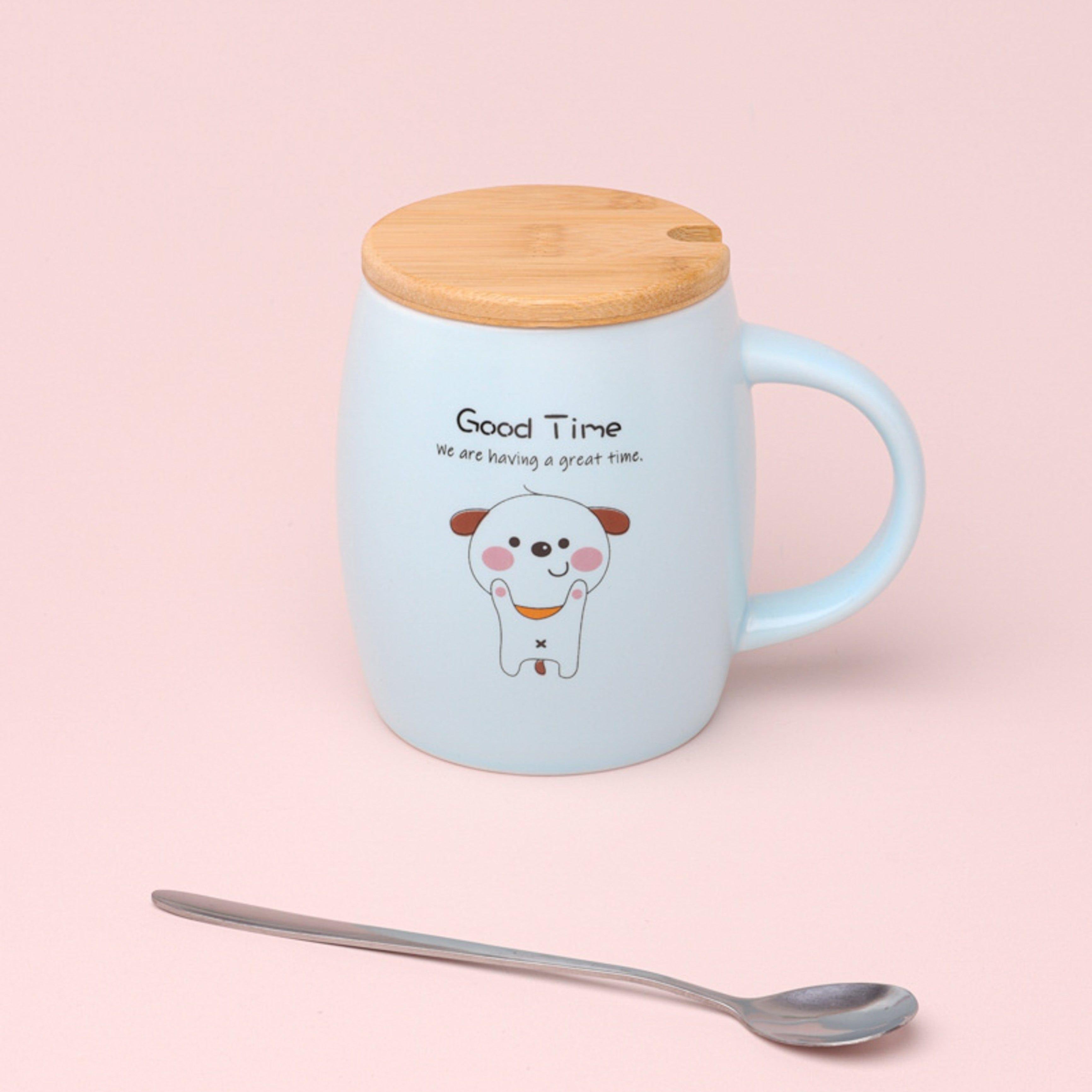 Good Time Puppy Mug Cute Dog Ceramic Coffee & Tea Cup with Lid and Spoon - G Decor