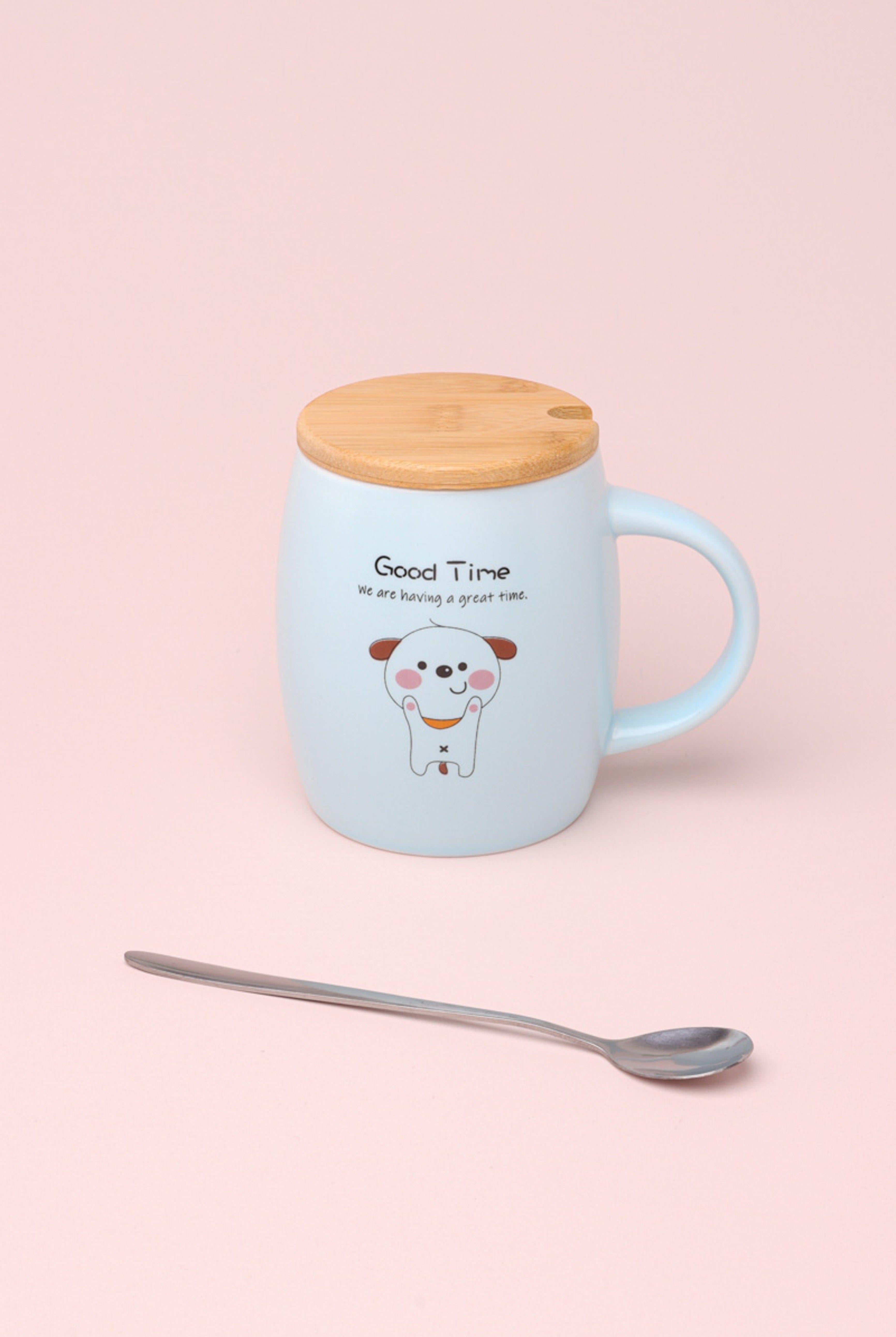 Good Time Puppy Mug Cute Dog Ceramic Coffee & Tea Cup with Lid and Spoon - G Decor