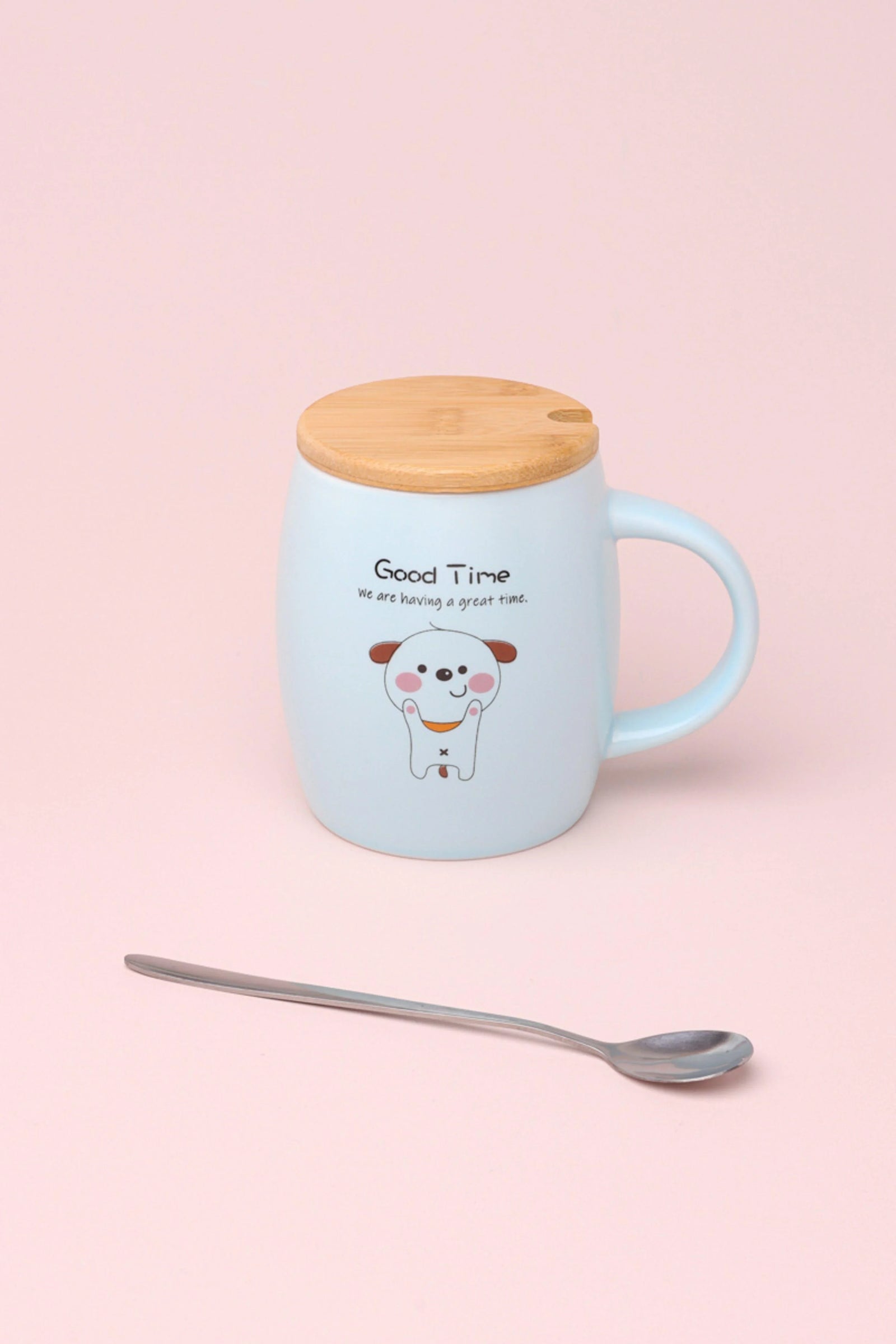 Good Time Puppy Cute Dog Ceramic Mug with Lid and Spoon — lifestyle view, G Decor