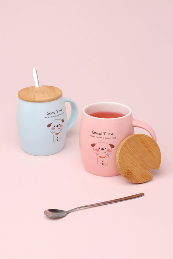 Good Time Puppy Cute Dog Ceramic Mug with Lid and Spoon