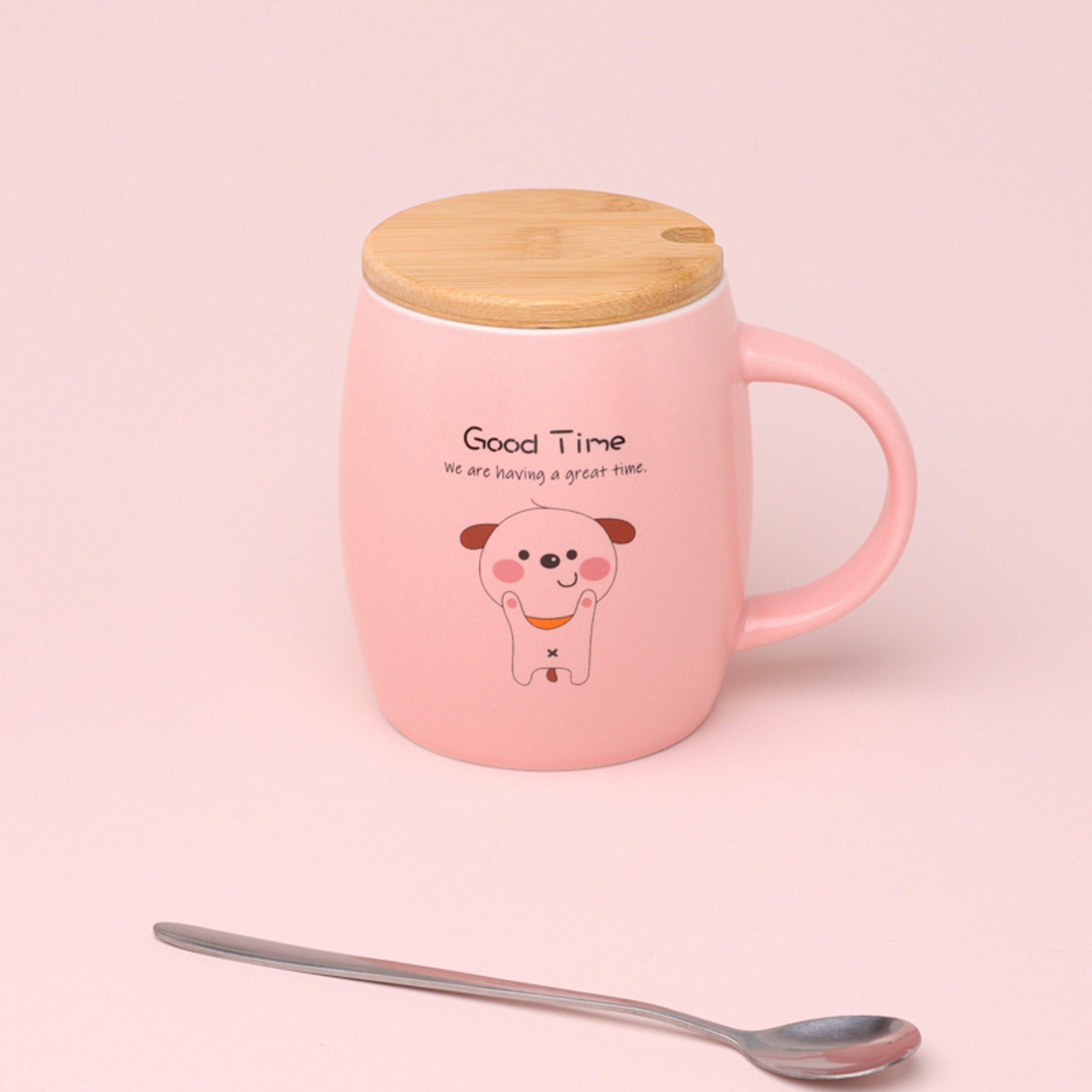 Good Time Puppy Mug Cute Dog Ceramic Coffee & Tea Cup with Lid and Spoon - G Decor