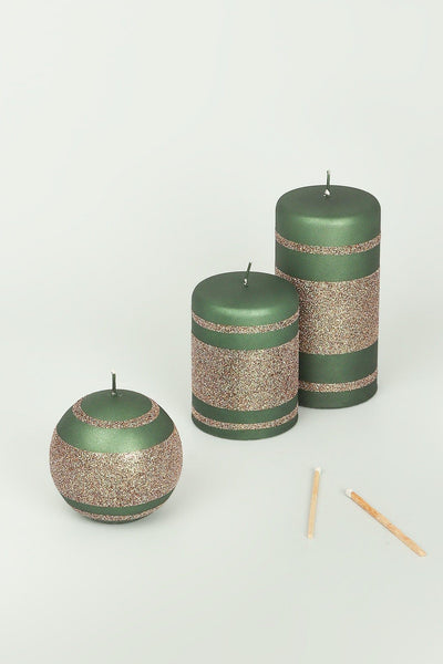 G Decor Candles & Candle Holders green / Set of Three G Decor Green Cappuccino Striped Glitter Pillar Ball Candles