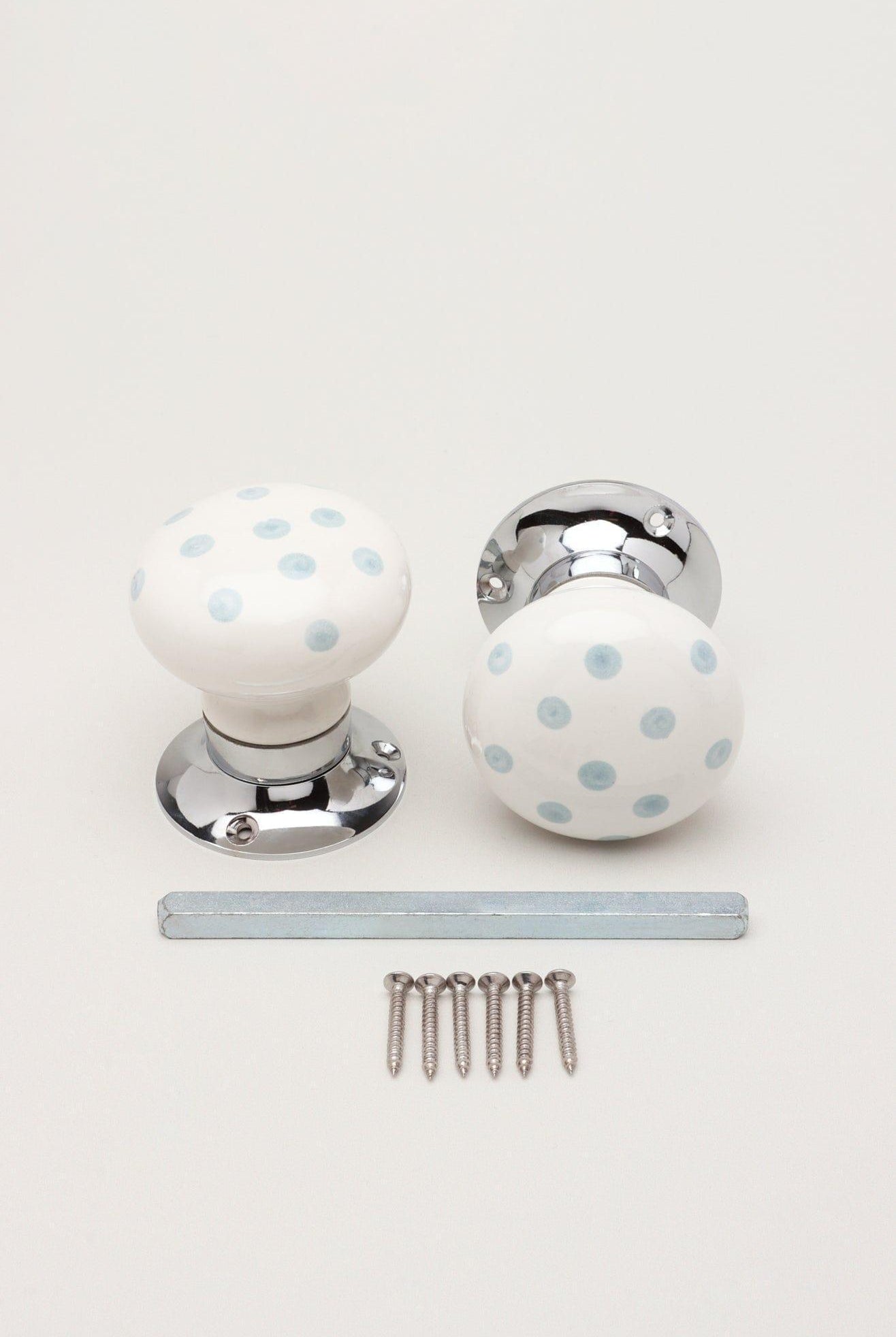 Grey Polka Dots on White – Handcrafted & Hand-Painted Ceramic Mortice Door Knob Set with Chrome Base for Interior Room Doors - G Decor