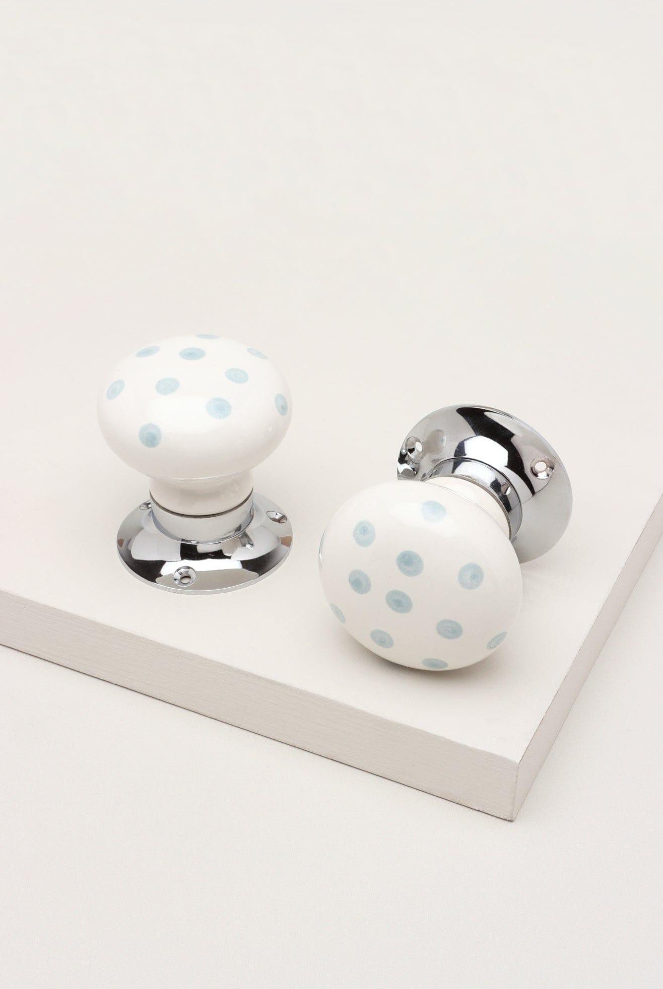Grey Polka Dots on White – Handcrafted & Hand-Painted Ceramic Mortice Door Knob Set with Chrome Base for Interior Room Doors - G Decor