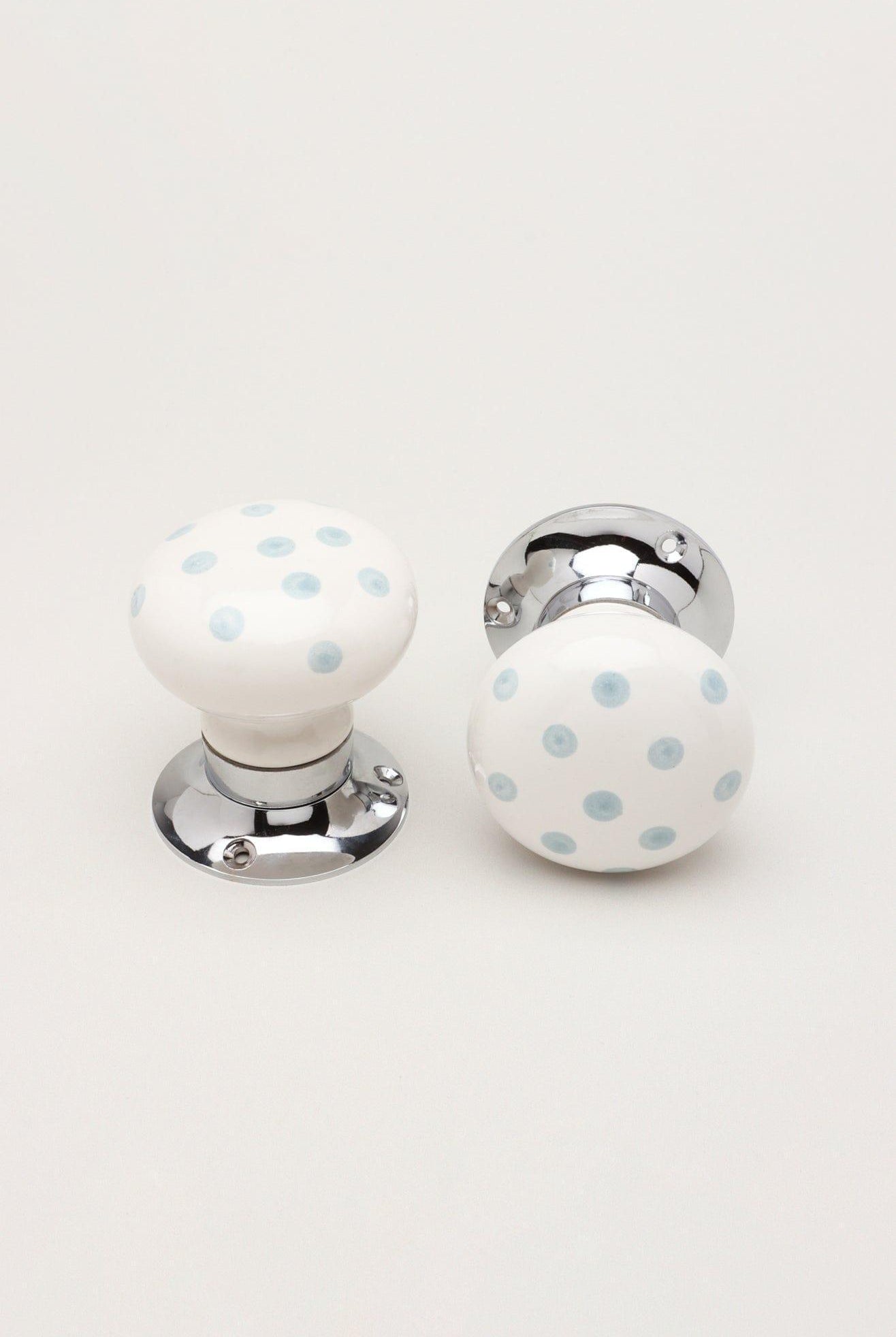 Grey Polka Dots on White – Handcrafted & Hand-Painted Ceramic Mortice Door Knob Set with Chrome Base for Interior Room Doors - G Decor